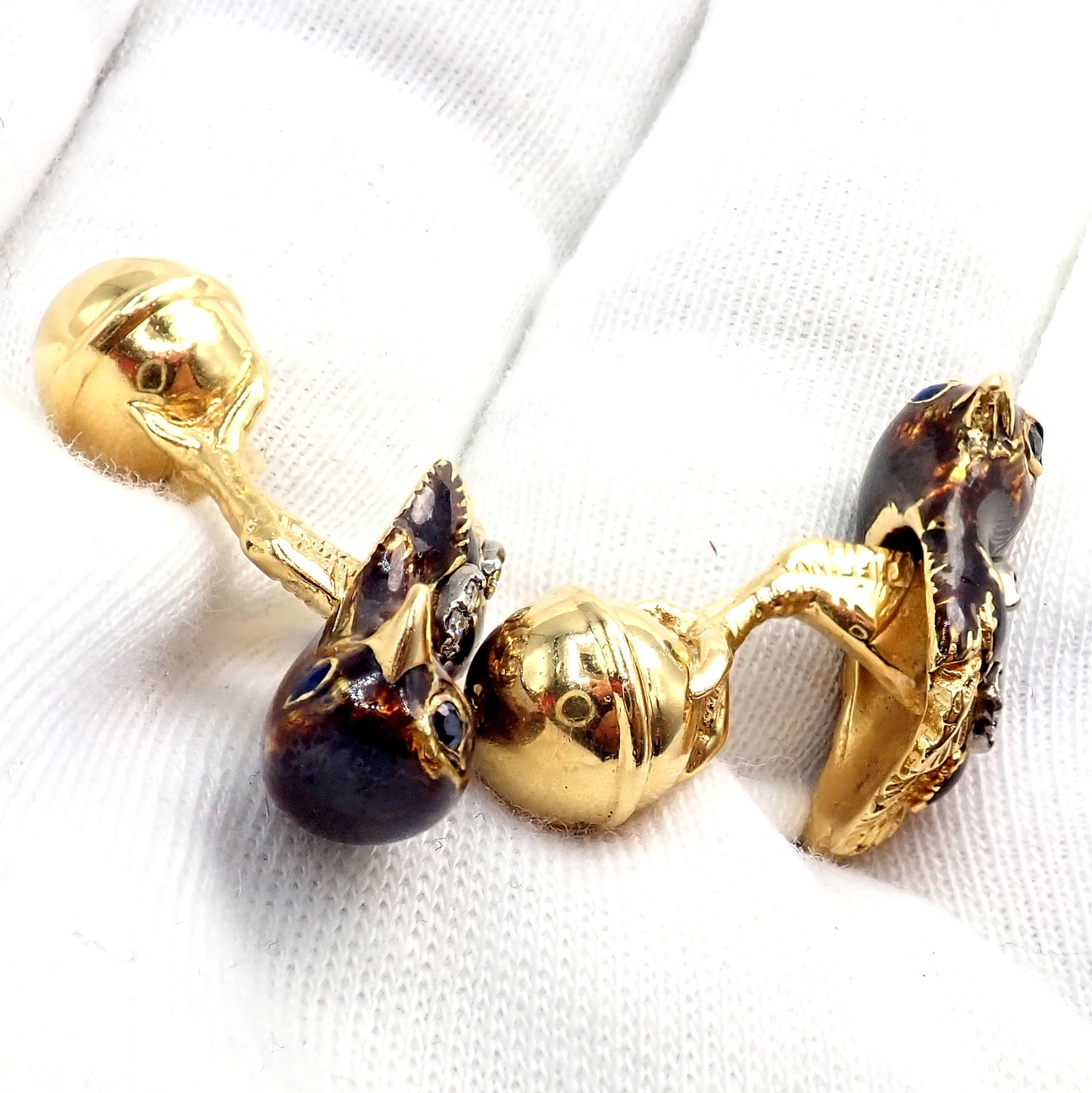 Vintage Tiffany & Co. 18k Yellow Gold Diamond Enamel Falcon Eagle Bird Cufflinks | Fortrove