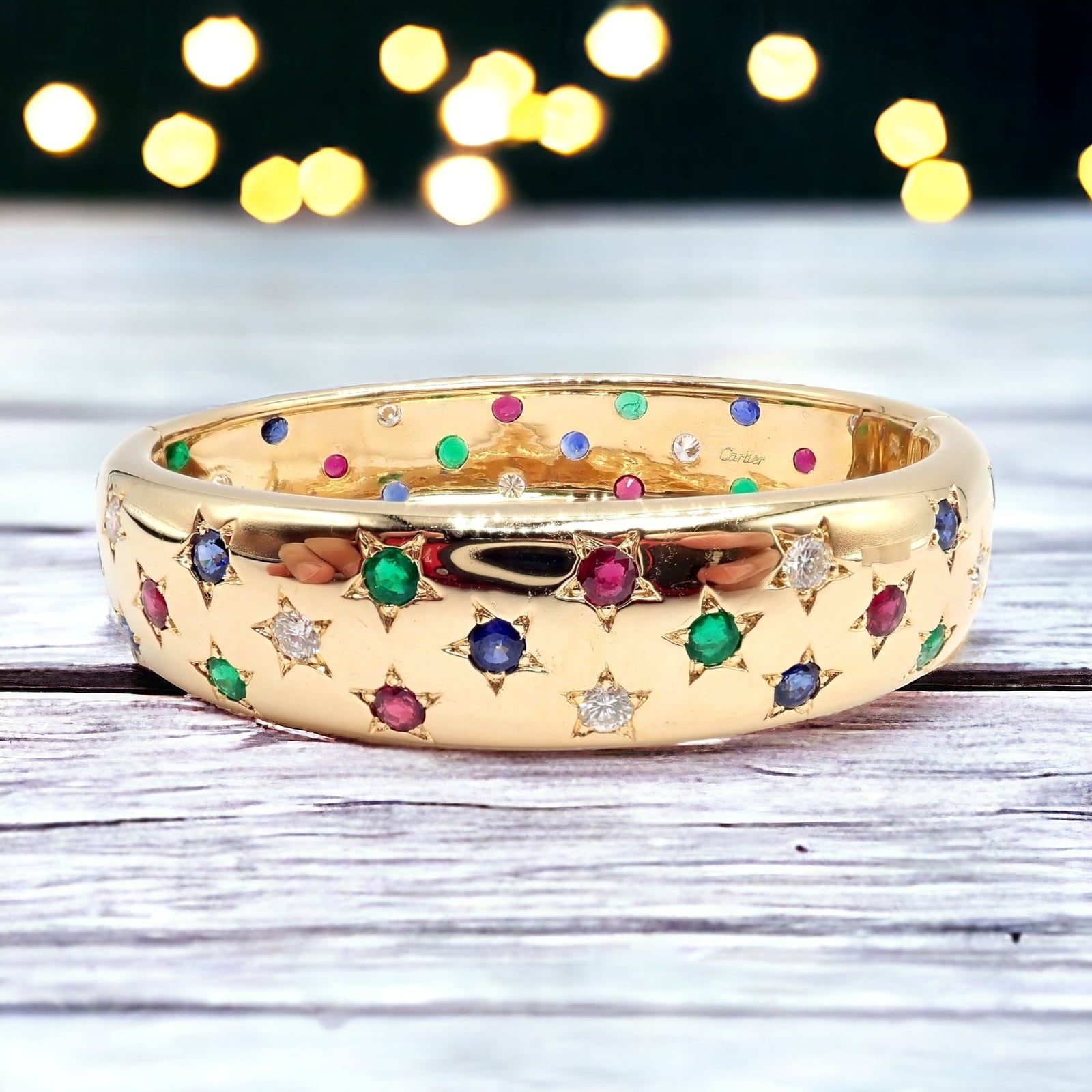 Cartier Jewelry & Watches:Fine Jewelry:Bracelets & Charms Cartier Star 18k Yellow Gold Diamond Ruby Emerald Sapphire Bangle Bracelet Cert.