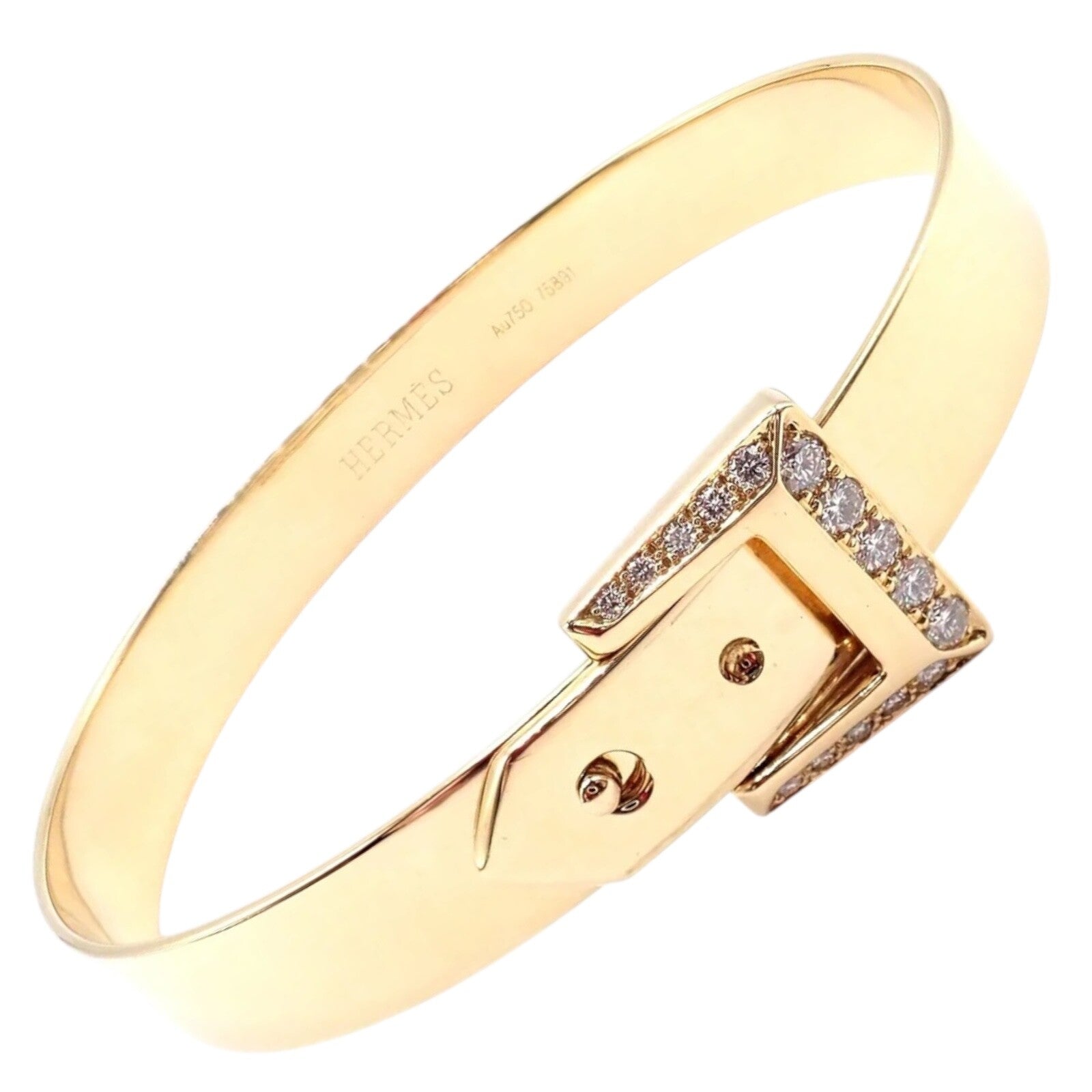 Authentic! Hermes 18k Yellow Gold Diamond Buckle Bangle Bracelet