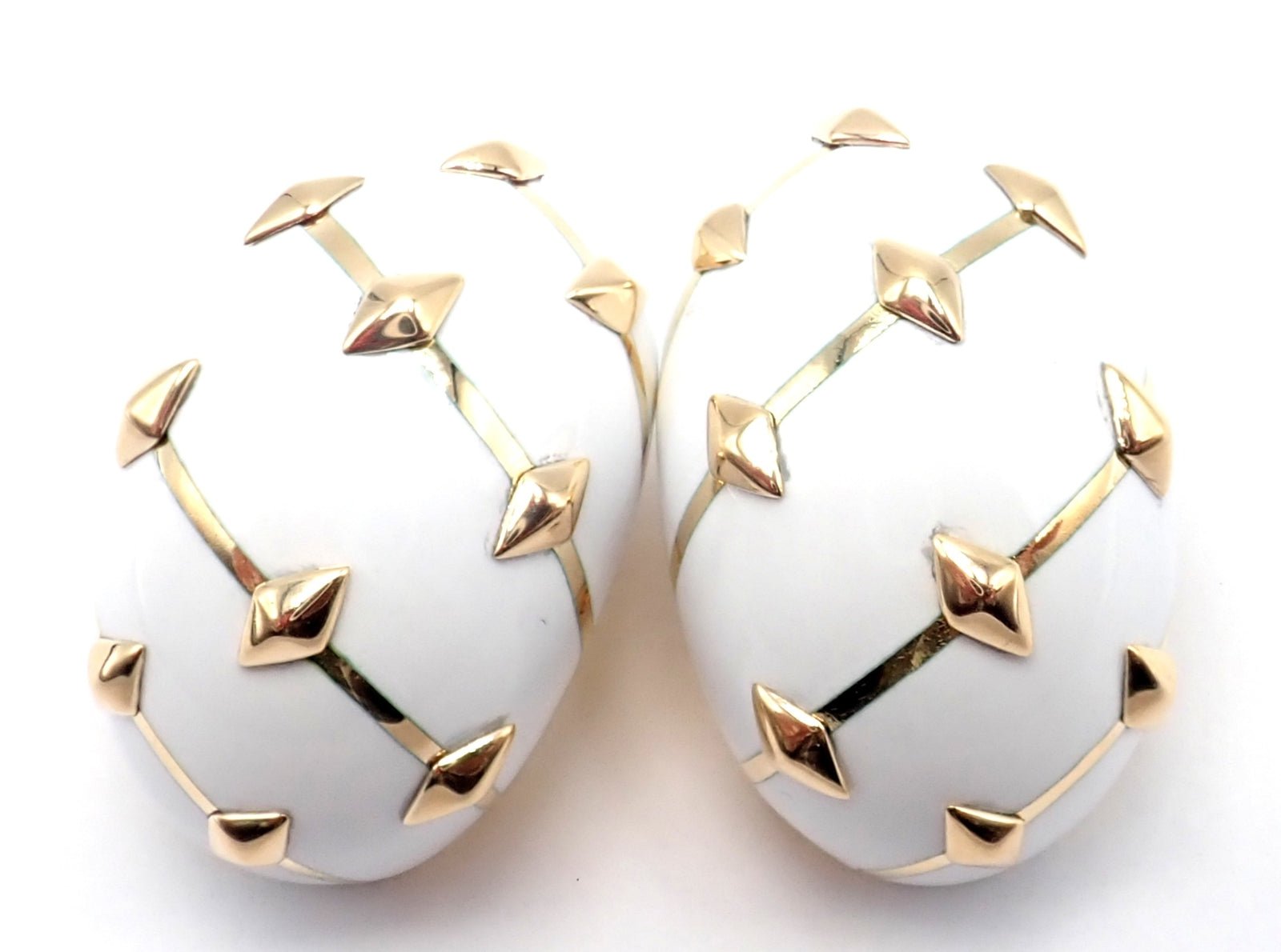 Tiffany & Co Schlumberger Dot Losange 18k Yellow Gold White Enamel Hoop Earrings | Fortrove
