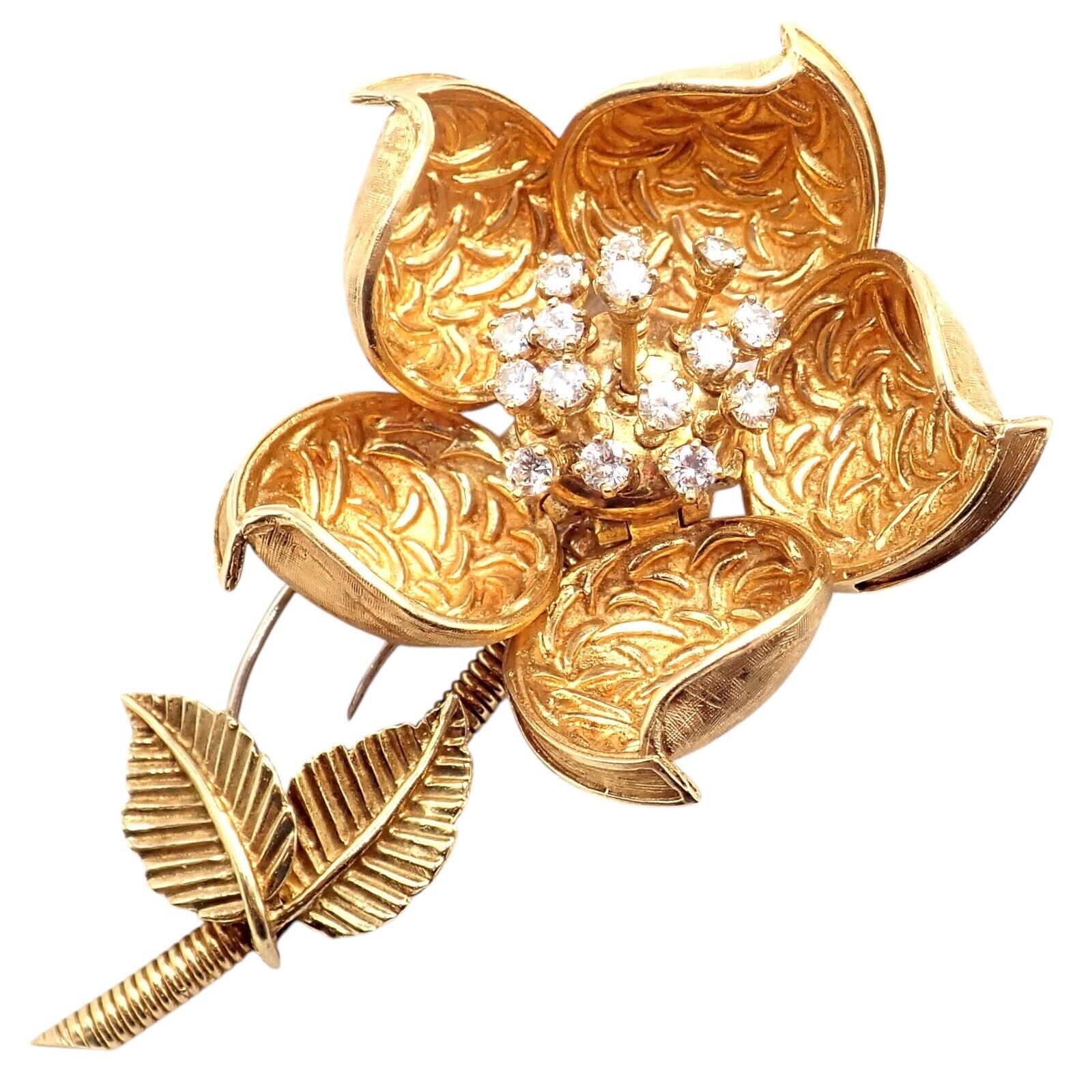 Hammerman Brothers 18k Yellow Gold Diamond Rose Flower Night & Day Brooch Pin | Fortrove
