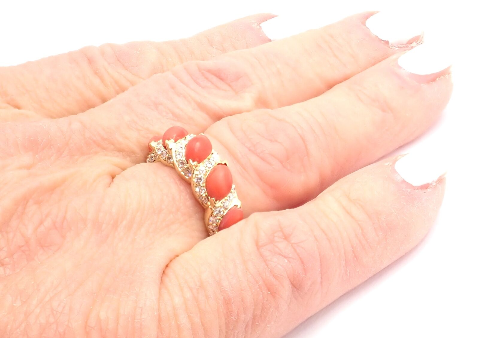 Rare! Authentic Christian Dior 18k Yellow Gold Diamond Coral Band Ring | Fortrove