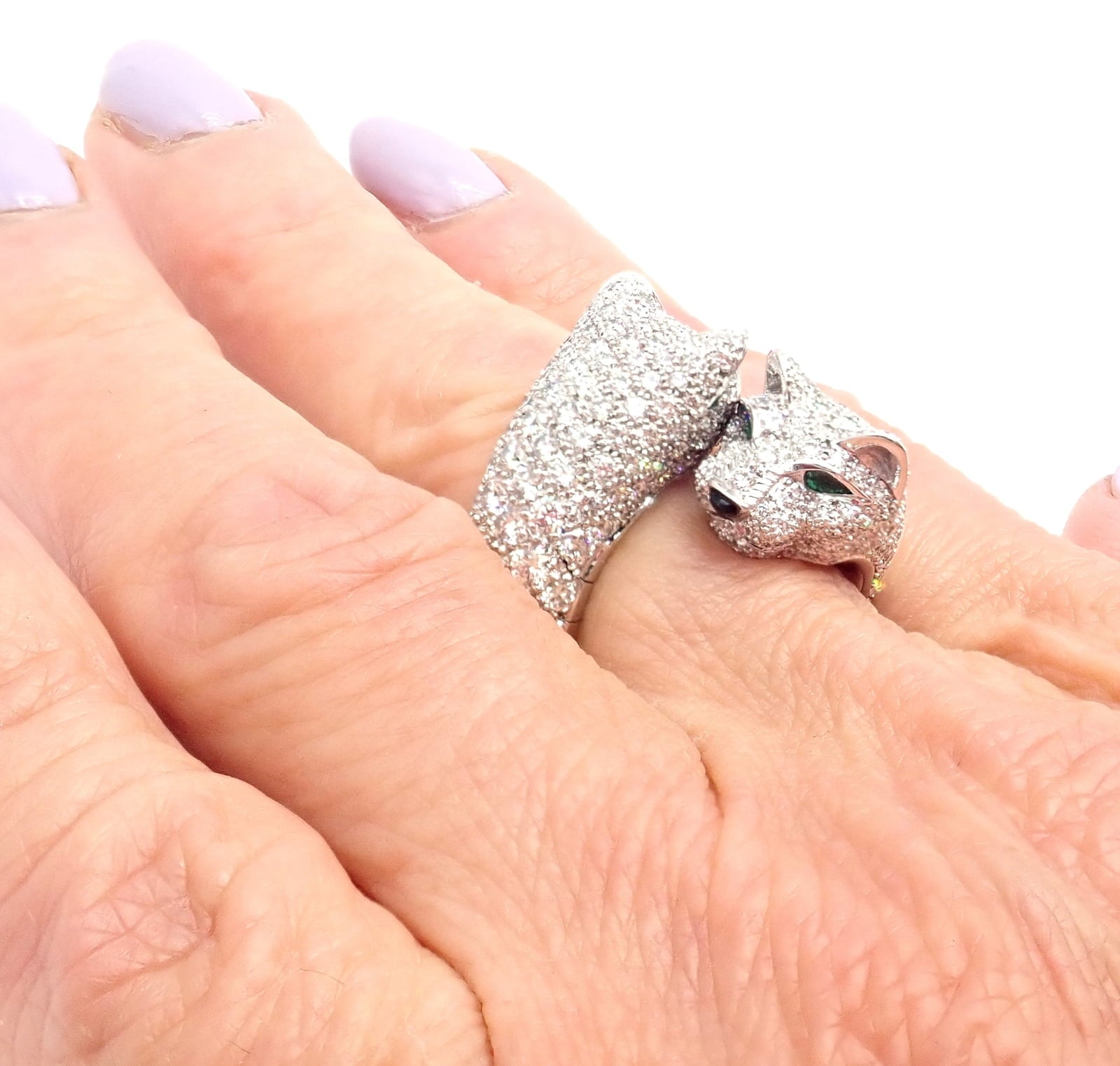 Authentic! Cartier Double Panther Panthere Lakarda 18k Gold Diamond Emerald Ring | Fortrove