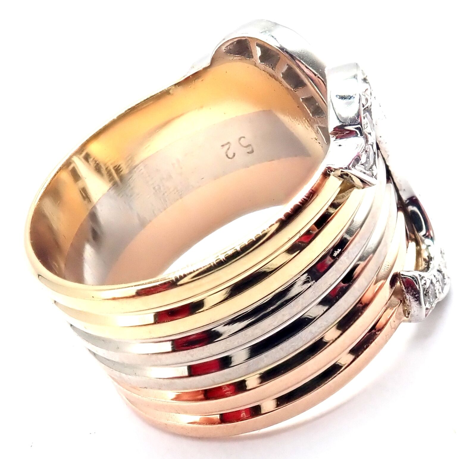 Authentic! Cartier Diamond Double C 18k Tri-Color Gold Band Ring Size 52 US 6 | Fortrove