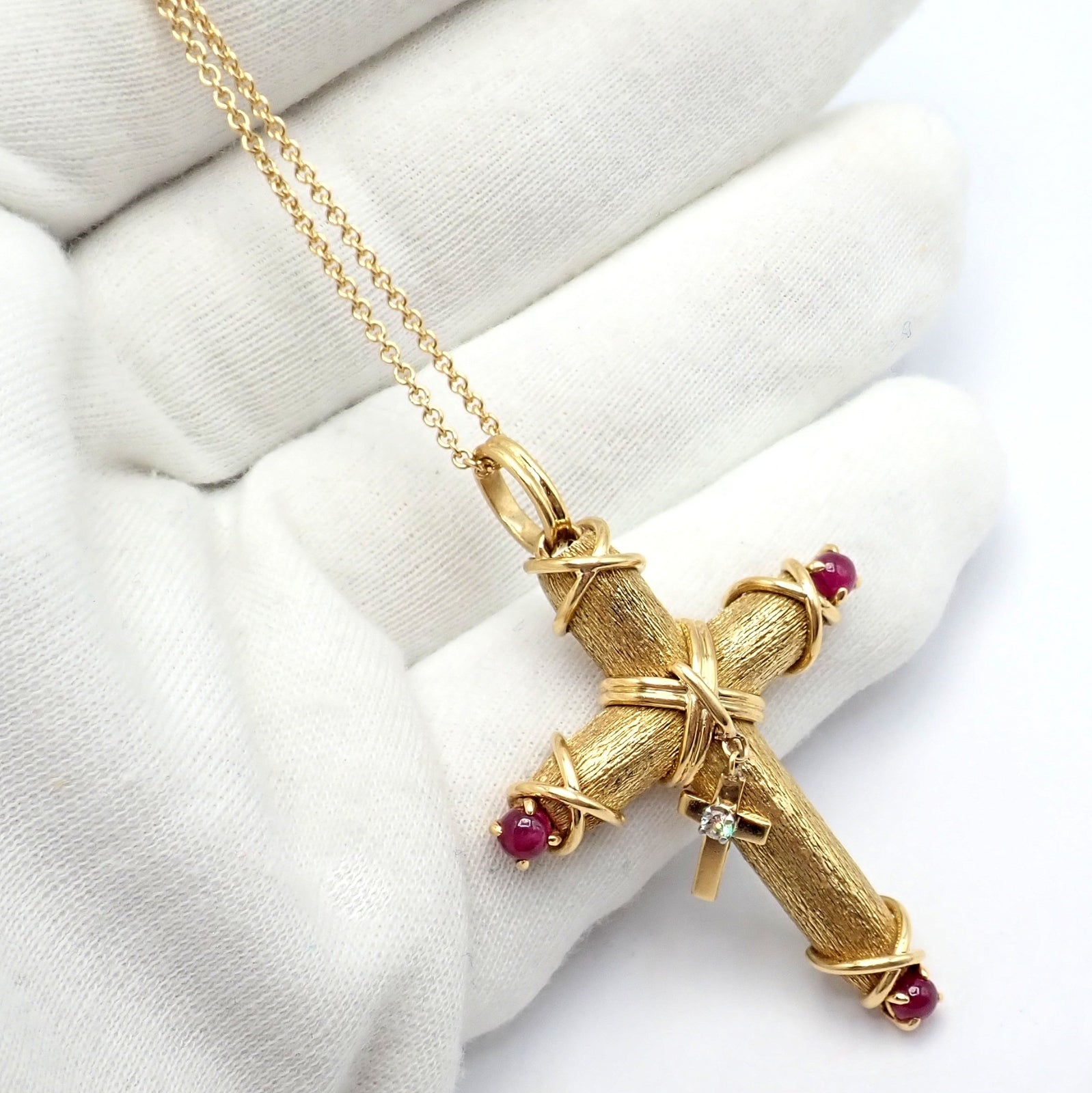 Tiffany & Co Schlumberger 18k Yellow Gold Ruby Diamond Cross 24" Chain Necklace | Fortrove