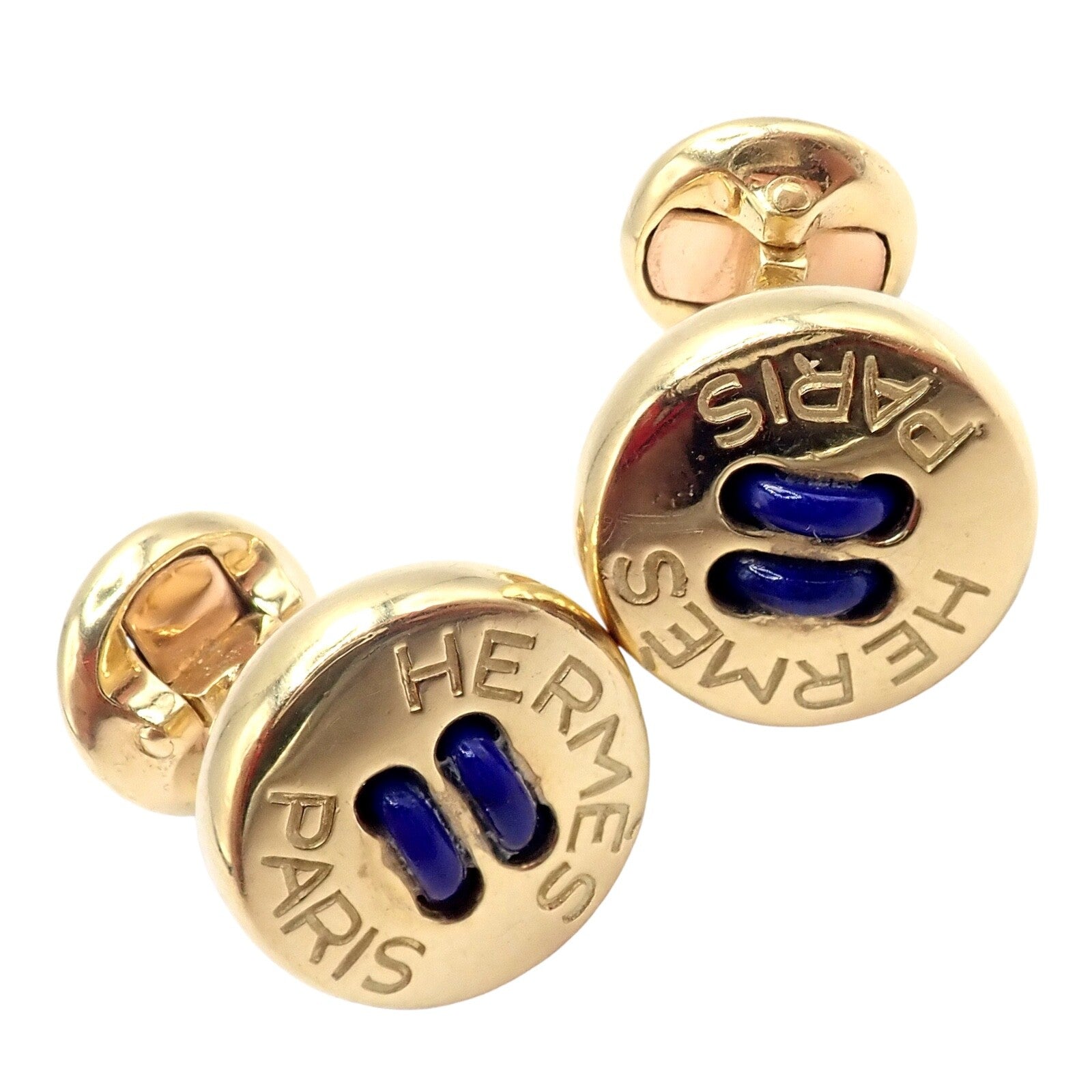 Hermes Jewelry & Watches:Men's Jewelry:Cufflinks Rare! Vintage Authentic Hermes Paris 18k Yellow Gold Mens Lapis Button Cufflinks