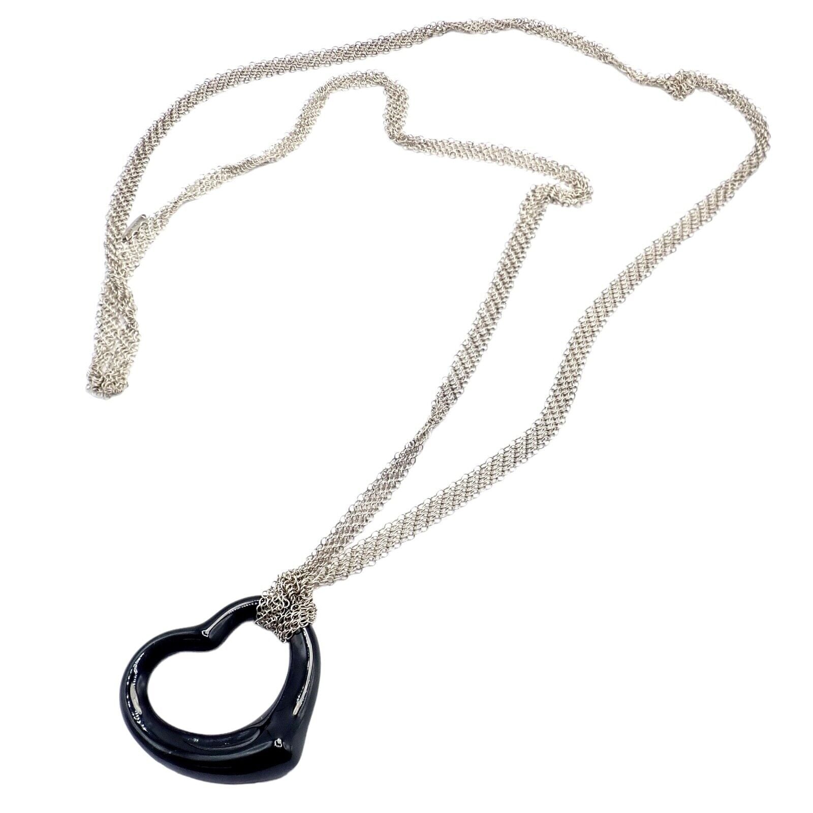 Tiffany & Co Silver Peretti 35mm Large Open Onyx Heart Pendant 28" Mesh Necklace | Fortrove