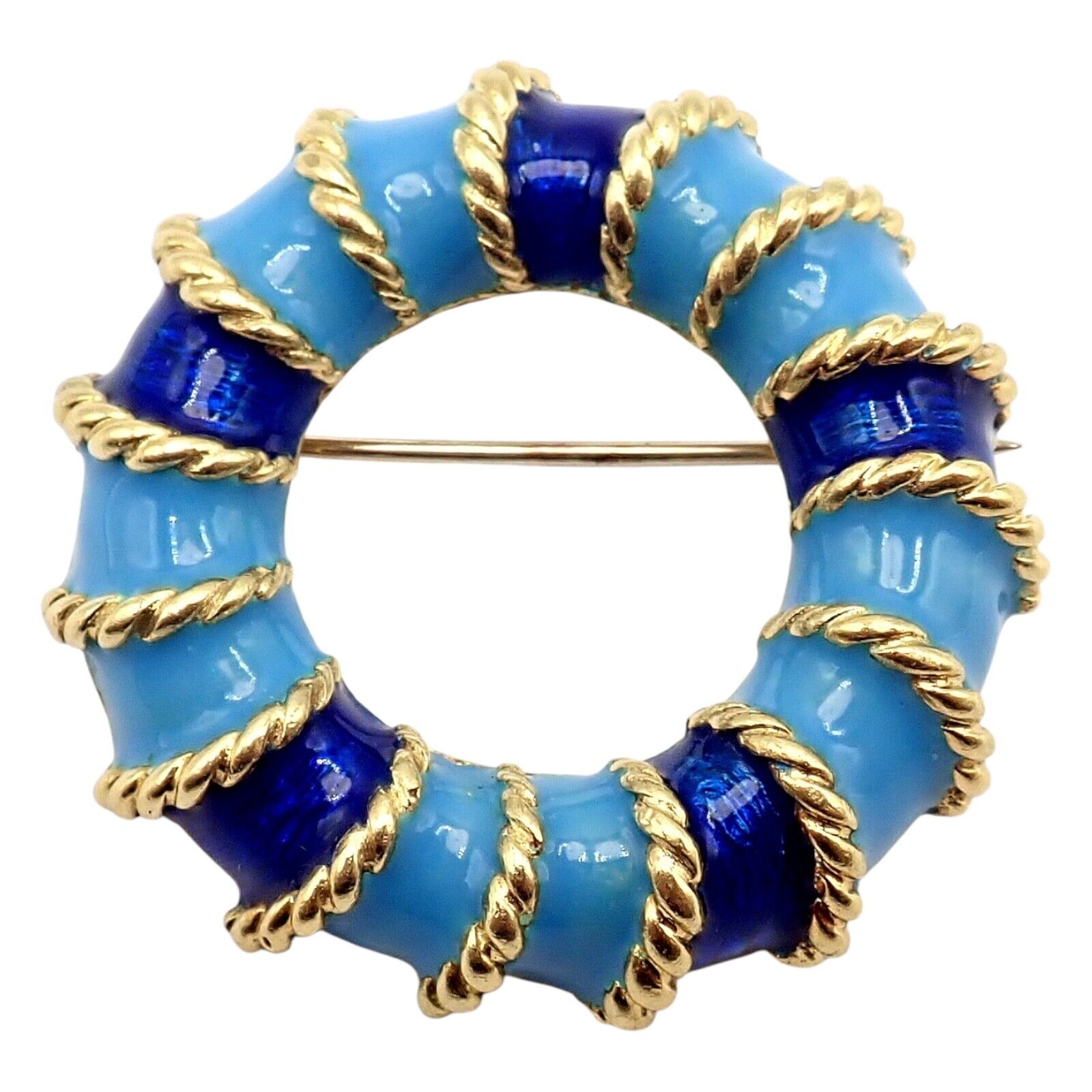 Rare! Vintage Tiffany & Co 18k Yellow Gold Blue Enamel Circle Rope Brooch Pin | Fortrove