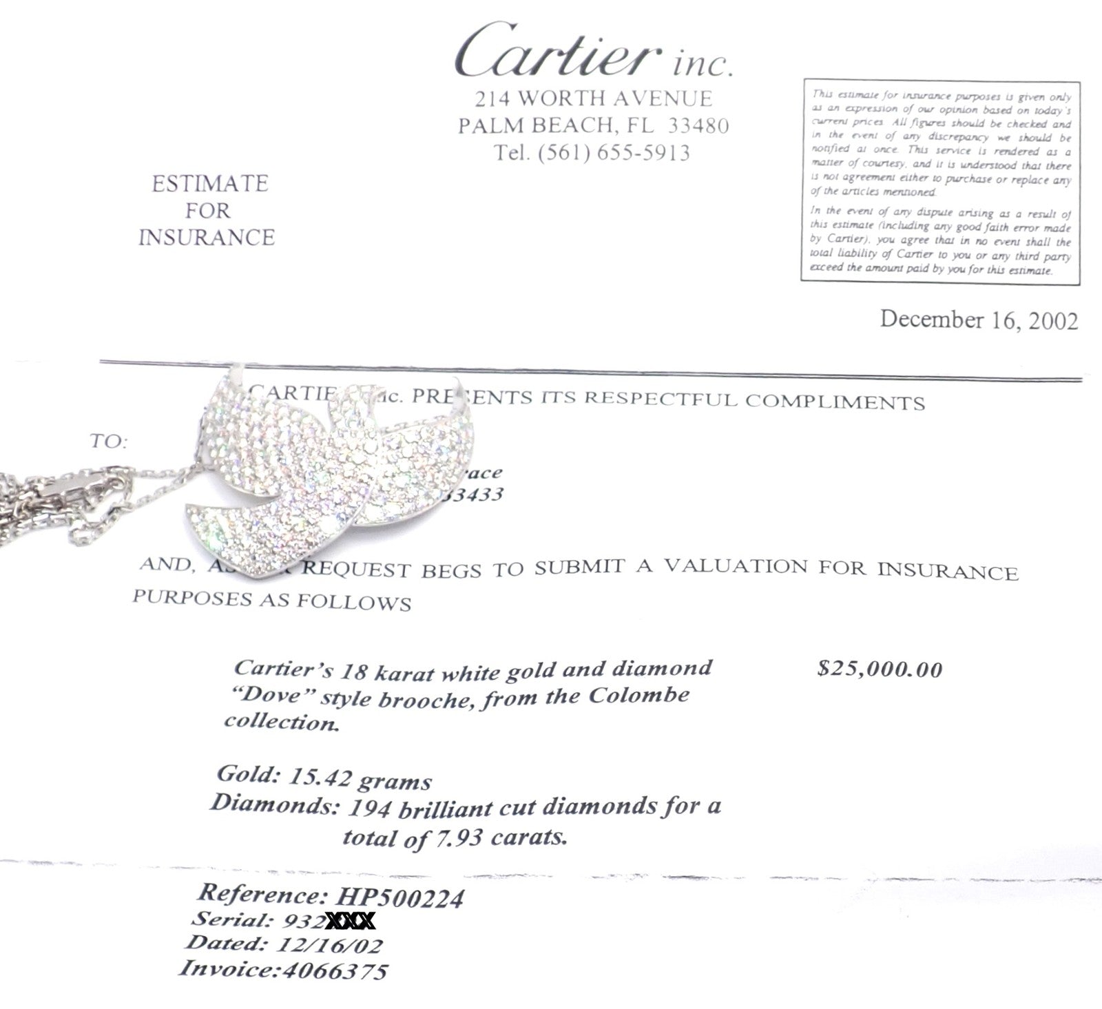 Authentic! Cartier Colombe Dove Of Peace 18k White Gold Diamond Necklace Paper | Fortrove