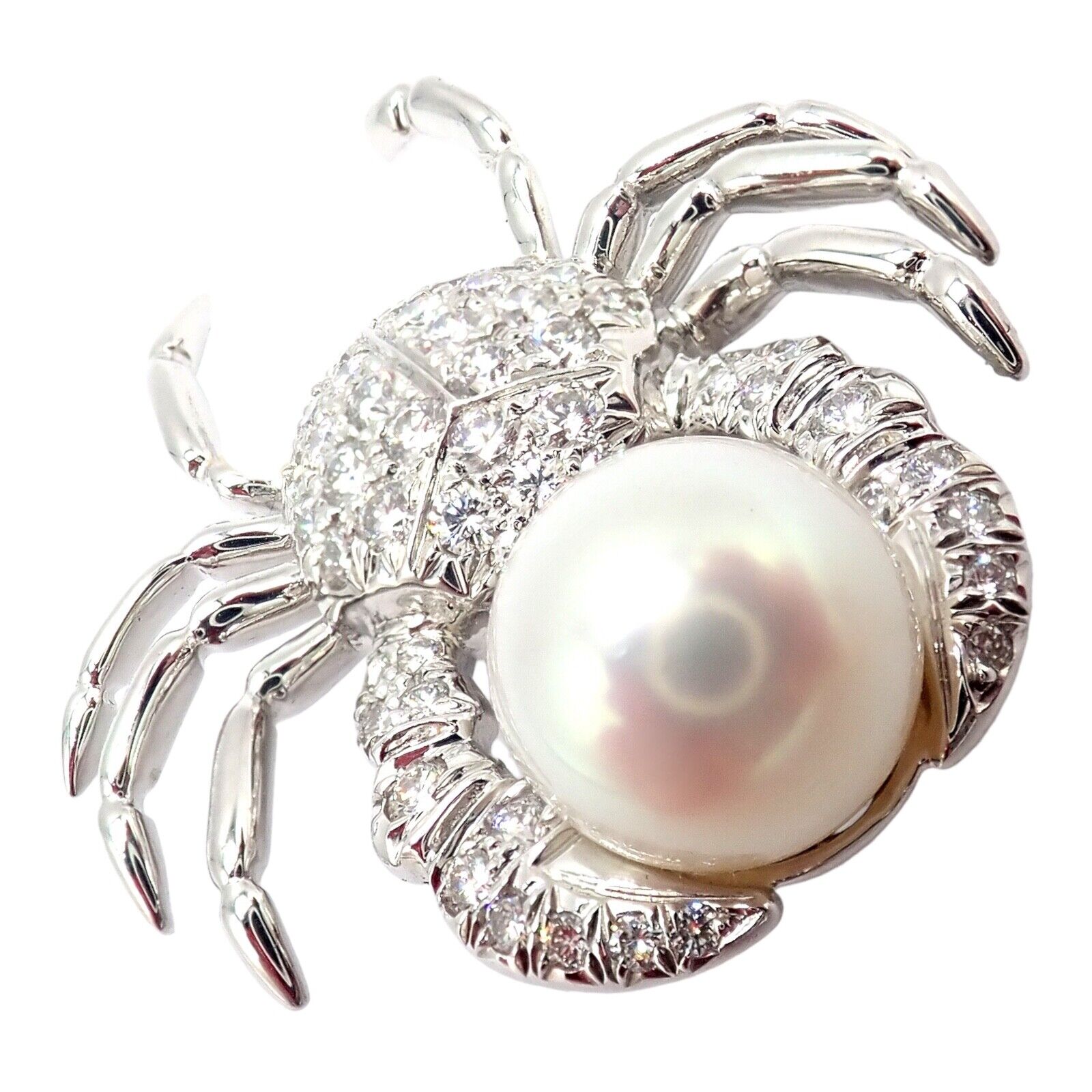 Rare! Authentic Tiffany & Co Platinum Crab 1.50ct Diamond 9mm Pearl Pin Brooch | Fortrove