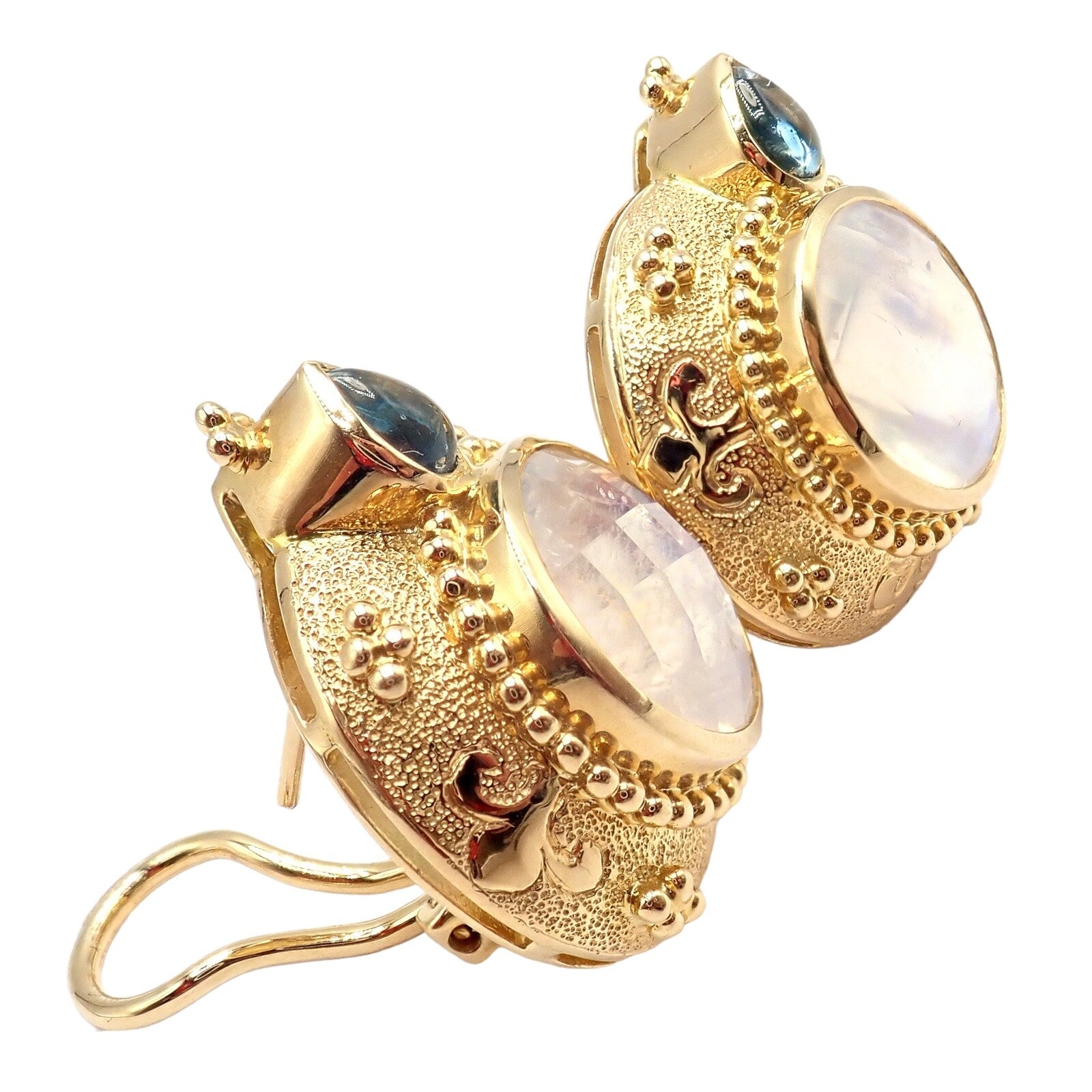Rare! Vintage Paula Crevoshay 18k Gold Aquamarine Moonstone Round Earrings OOAK | Fortrove