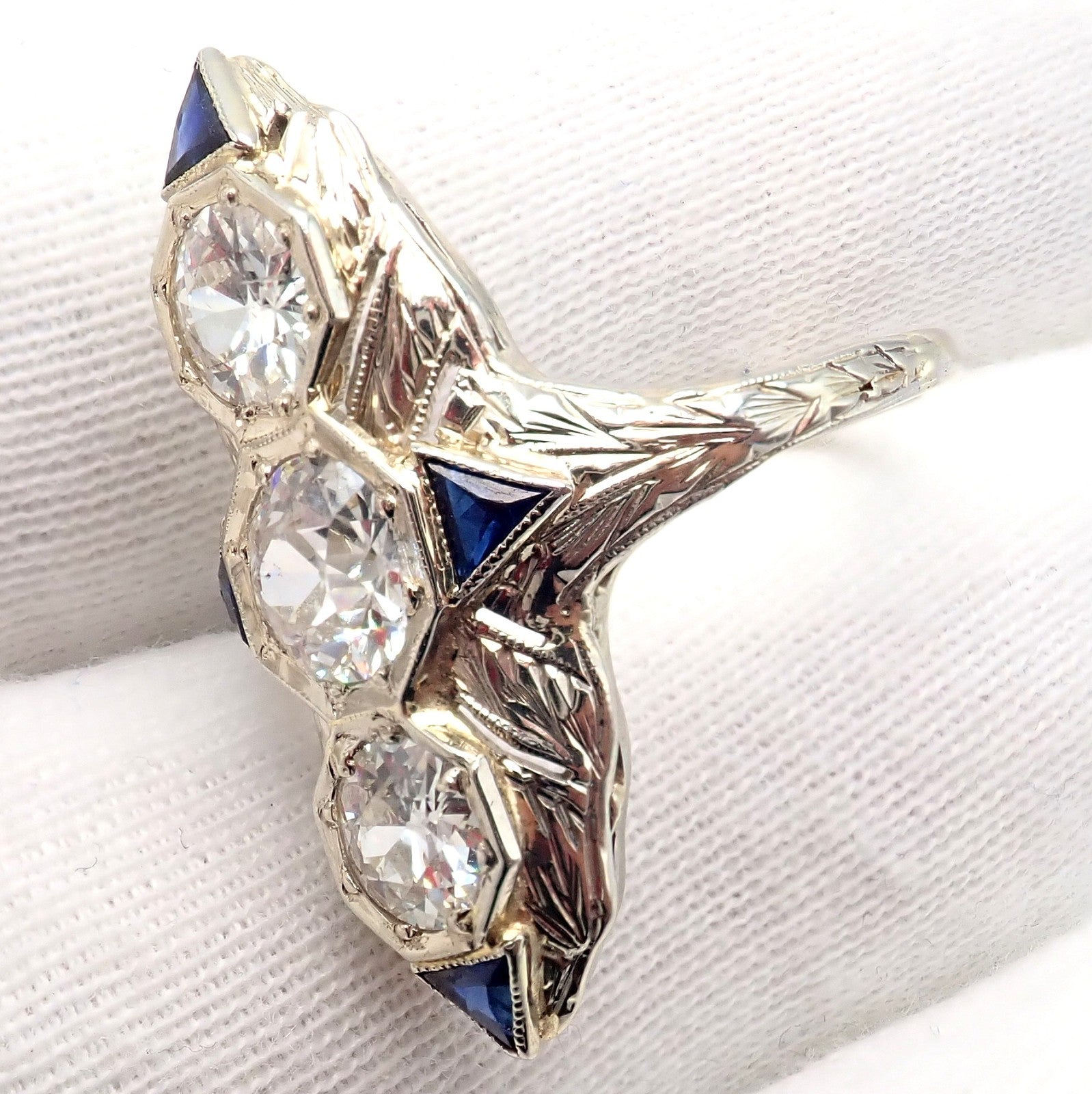 Vintage Estate 20k White Gold Diamond 2ctw Sapphire Art Deco Ring sz 7 | Fortrove
