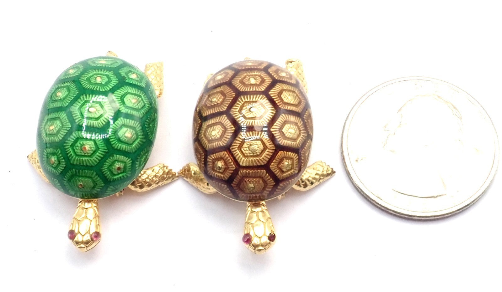 Vintage! Boucheron France 18k Yellow Gold Enamel Set Of Two Turtle Brooches | Fortrove