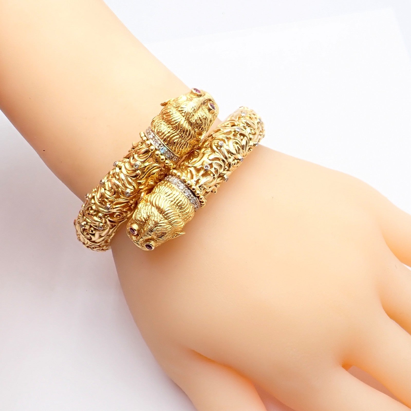 Rare Ilias Lalaounis 18k Yellow Gold Double Chimera Diamond Ruby Bangle Bracelet | Fortrove