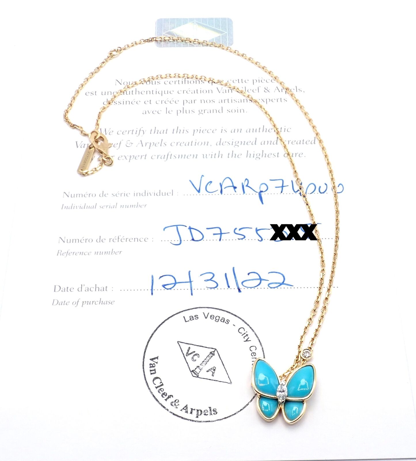Van Cleef & Arpels 18k Gold Diamond Turquoise Butterfly Pendant Necklace Cert. | Fortrove