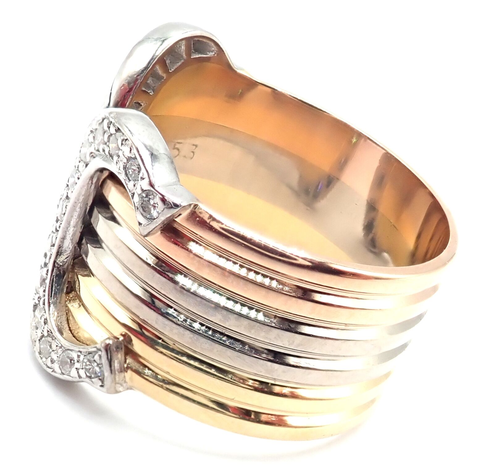 Authentic! Cartier Diamond Double C 18k Tri-Color Gold Band Ring Size 53 US 6.25 | Fortrove