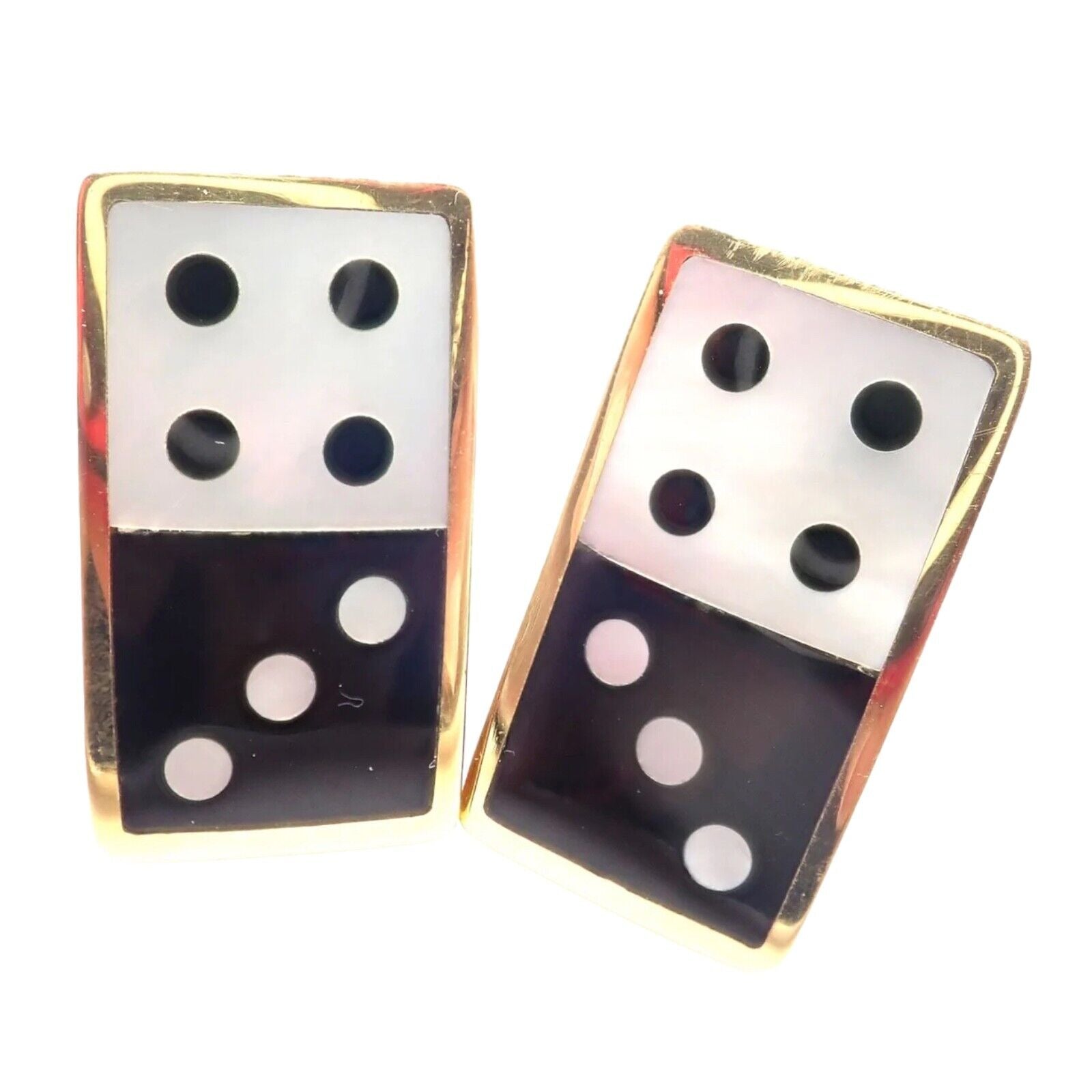 Tiffany & Co Cummings 18k Yellow Gold Inlaid Black Jade MOP Domino Earrings | Fortrove