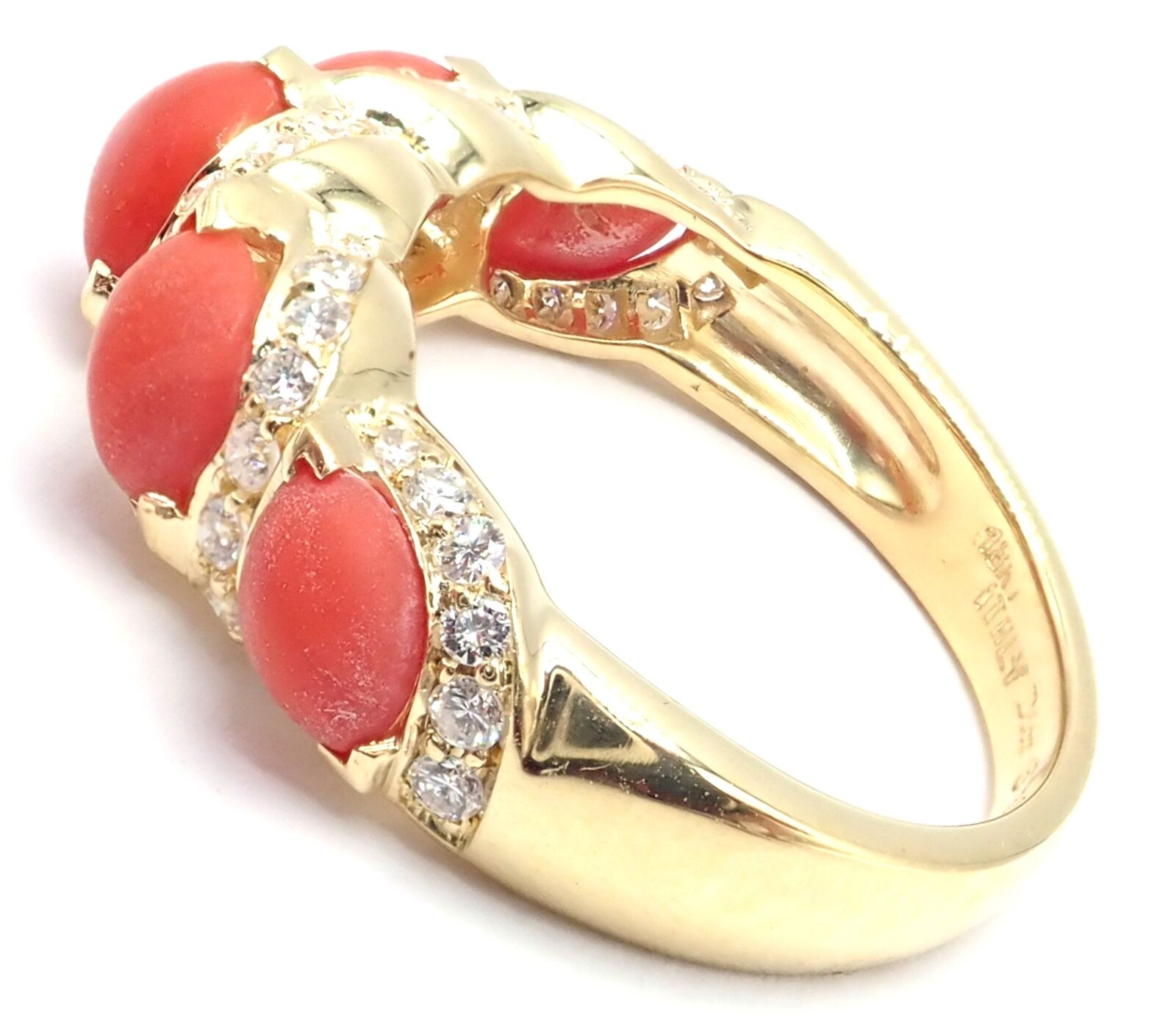 Rare! Authentic Christian Dior 18k Yellow Gold Diamond Coral Band Ring | Fortrove