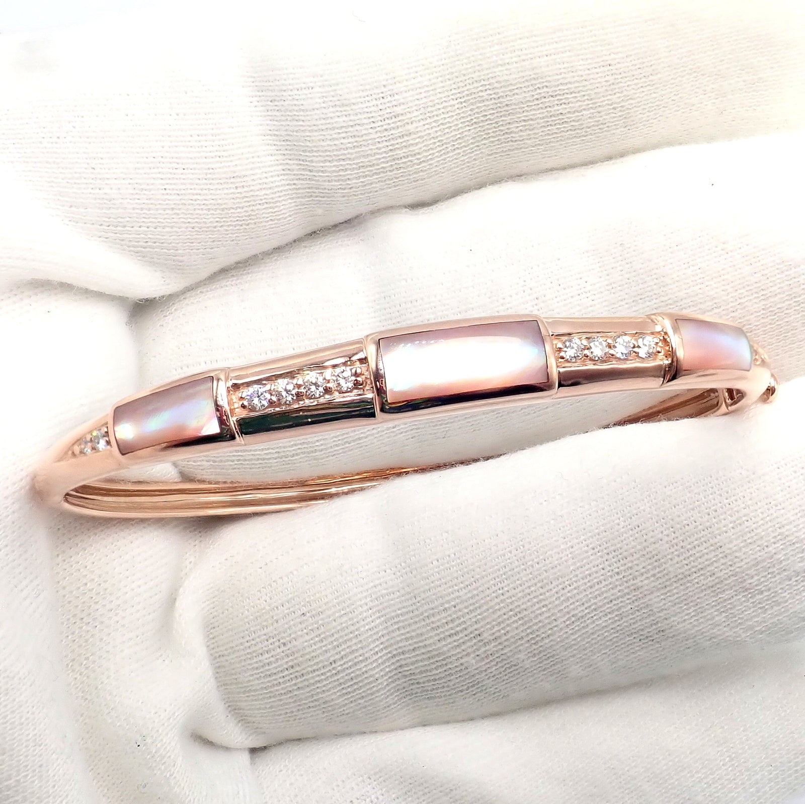 Authentic! Kabana 14k Rose Gold Diamond Mother of Pearl Bangle Bracelet | Fortrove