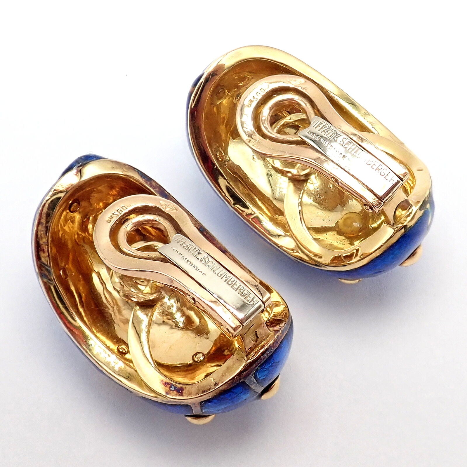 Rare Tiffany & Co Schlumberger 18k Yellow Gold Large Blue Enamel Banana Earrings | Fortrove