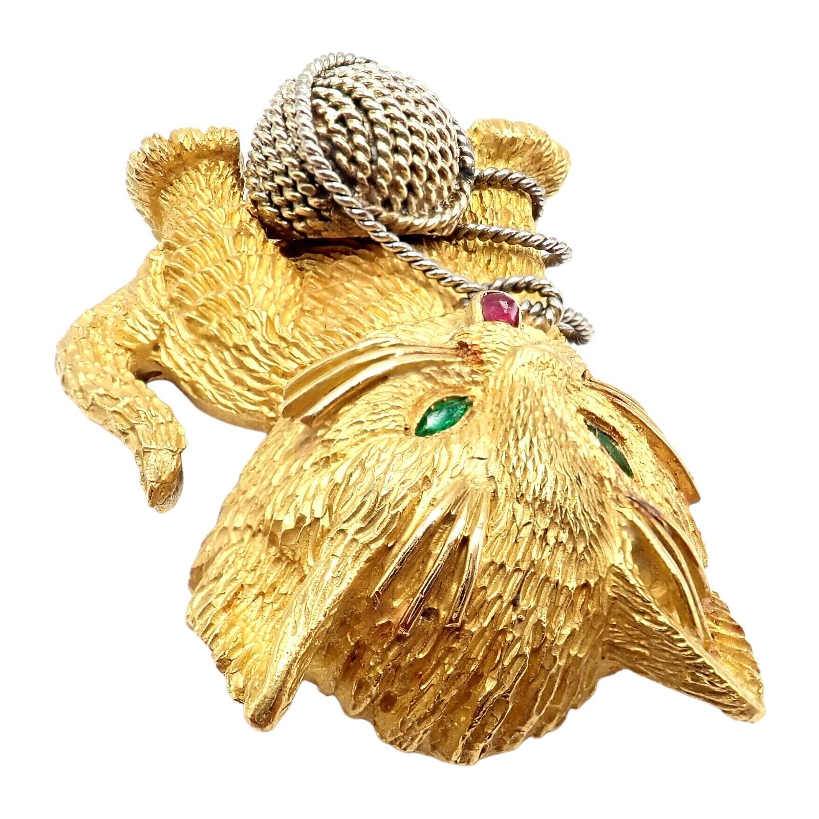Vintage! Tiffany & Co. France 20k Yellow Gold Ruby Emerald Cat Yarn Pin Brooch | Fortrove