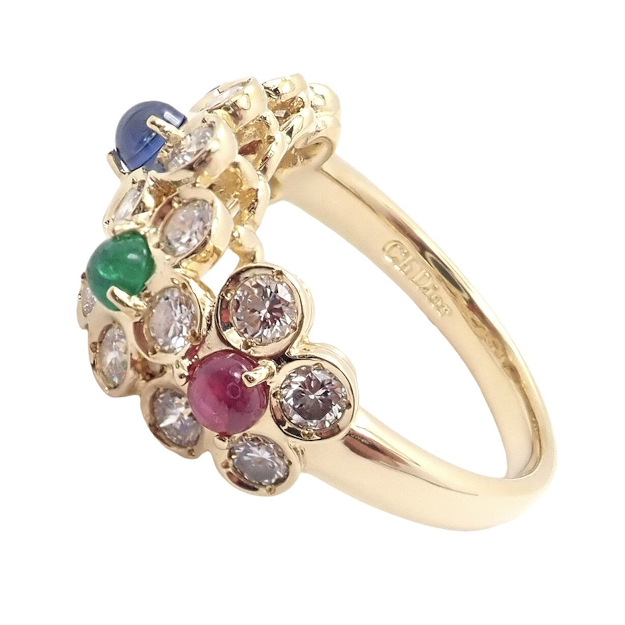 Rare! Authentic Christian Dior 18k Yellow Gold Ruby Emerald Diamond Flower Ring | Fortrove