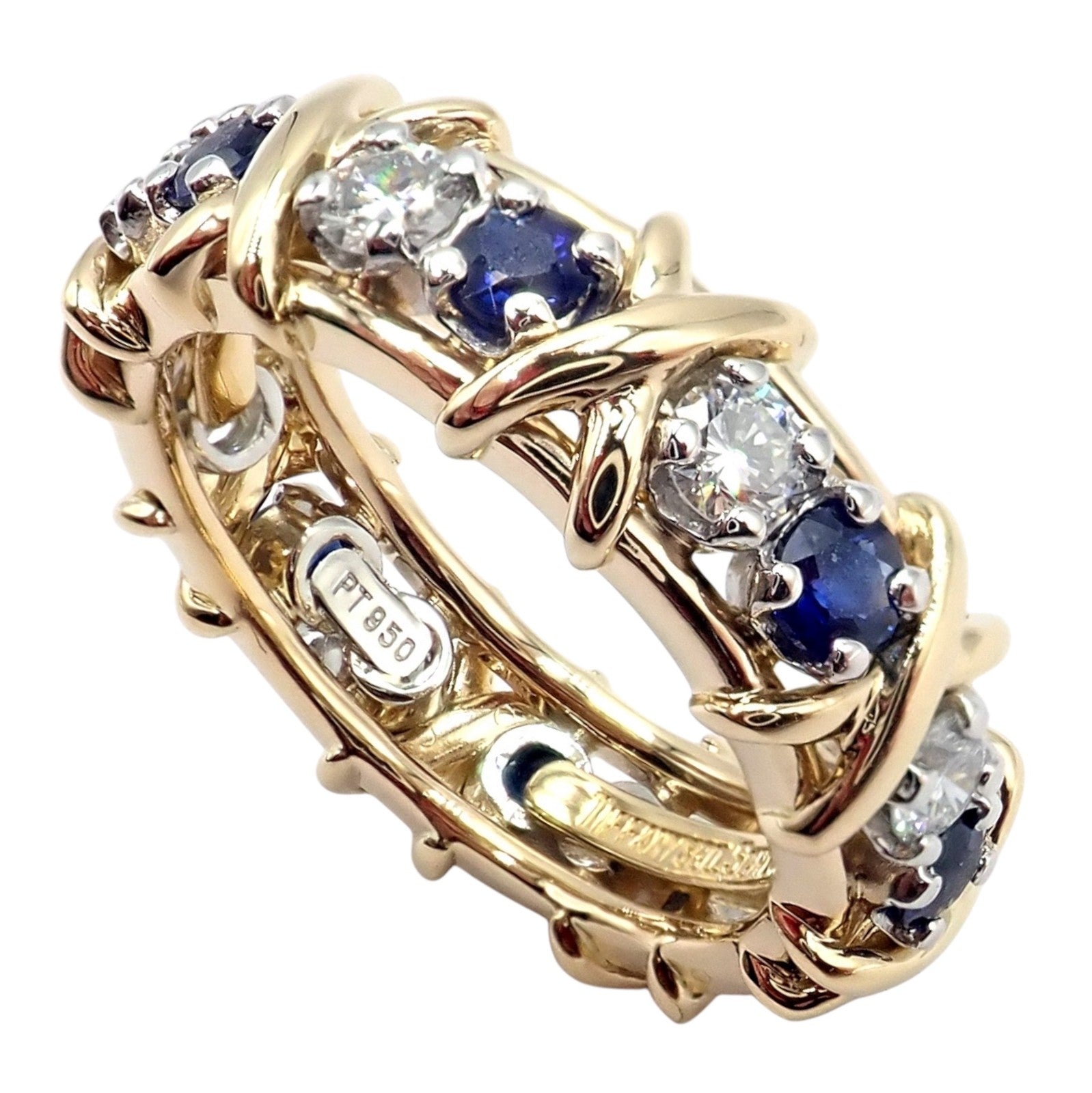 Tiffany & Co Schlumberger 18k Gold Platinum 16 Stone Diamond Sapphire Band Ring | Fortrove