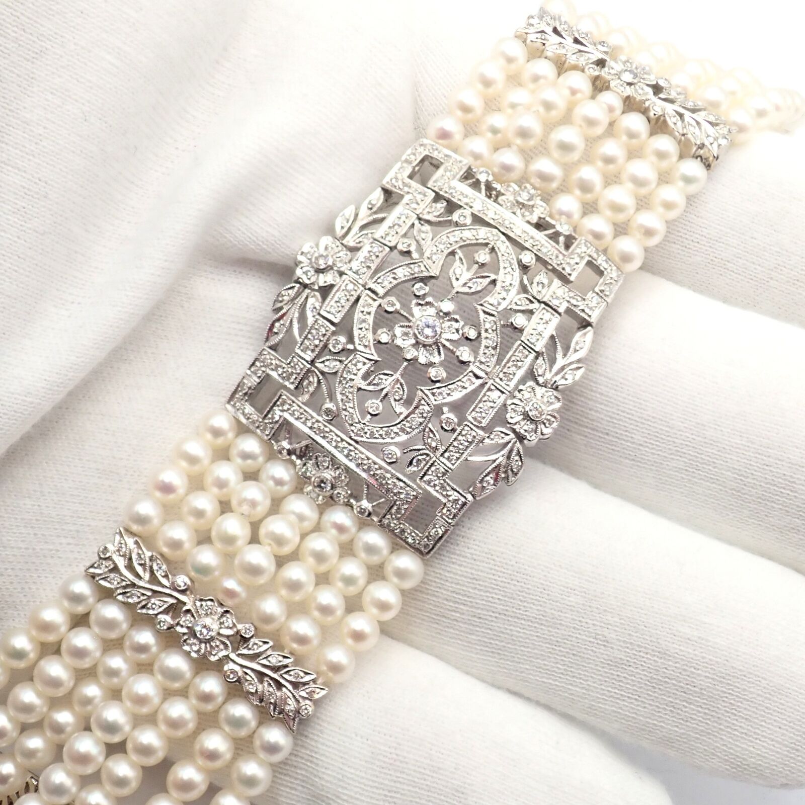Vintage Estate 18k White Gold Diamond 7 Row 4.5mm Pearl Bracelet | Fortrove