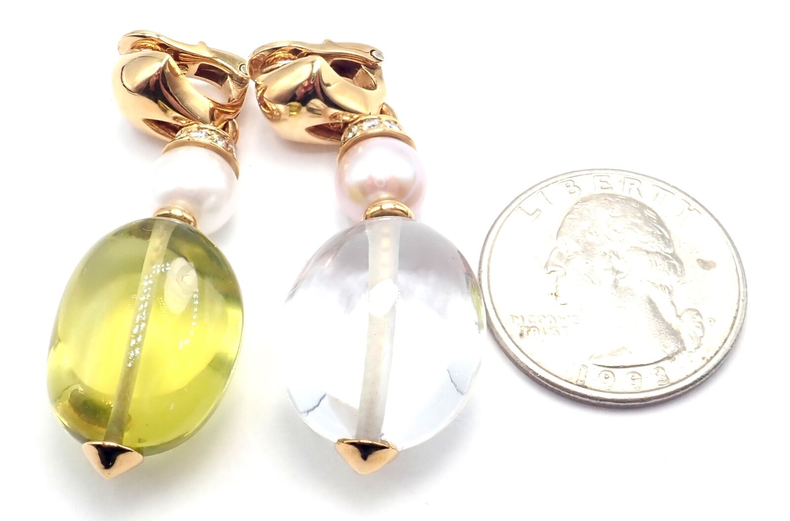 Authentic! Bulgari Bvlgari 18k Gold Diamond Pearl Peridot Crystal Drop Earrings | Fortrove