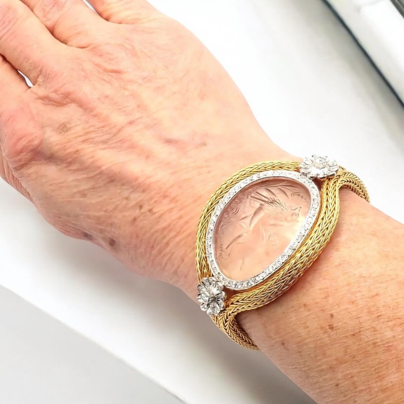 Authentic! Ilias Lalaounis 18k Yellow Gold Diamond Rock Crystal Bangle Bracelet | Fortrove