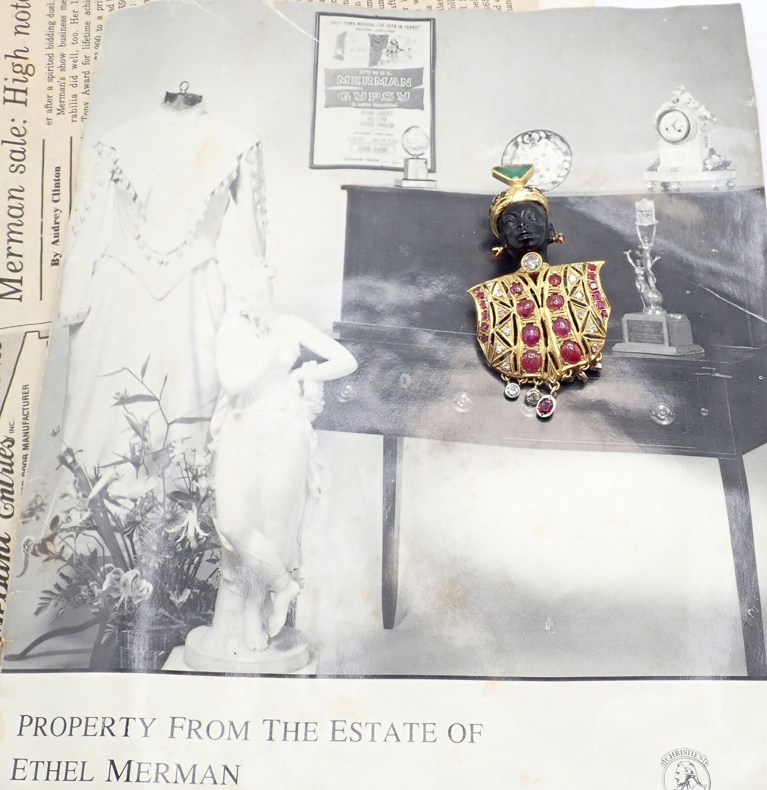 Rare! Ethel Merman Estate 18k Yellow Gold Large Blackamoor Diamond Ruby Brooch | Fortrove