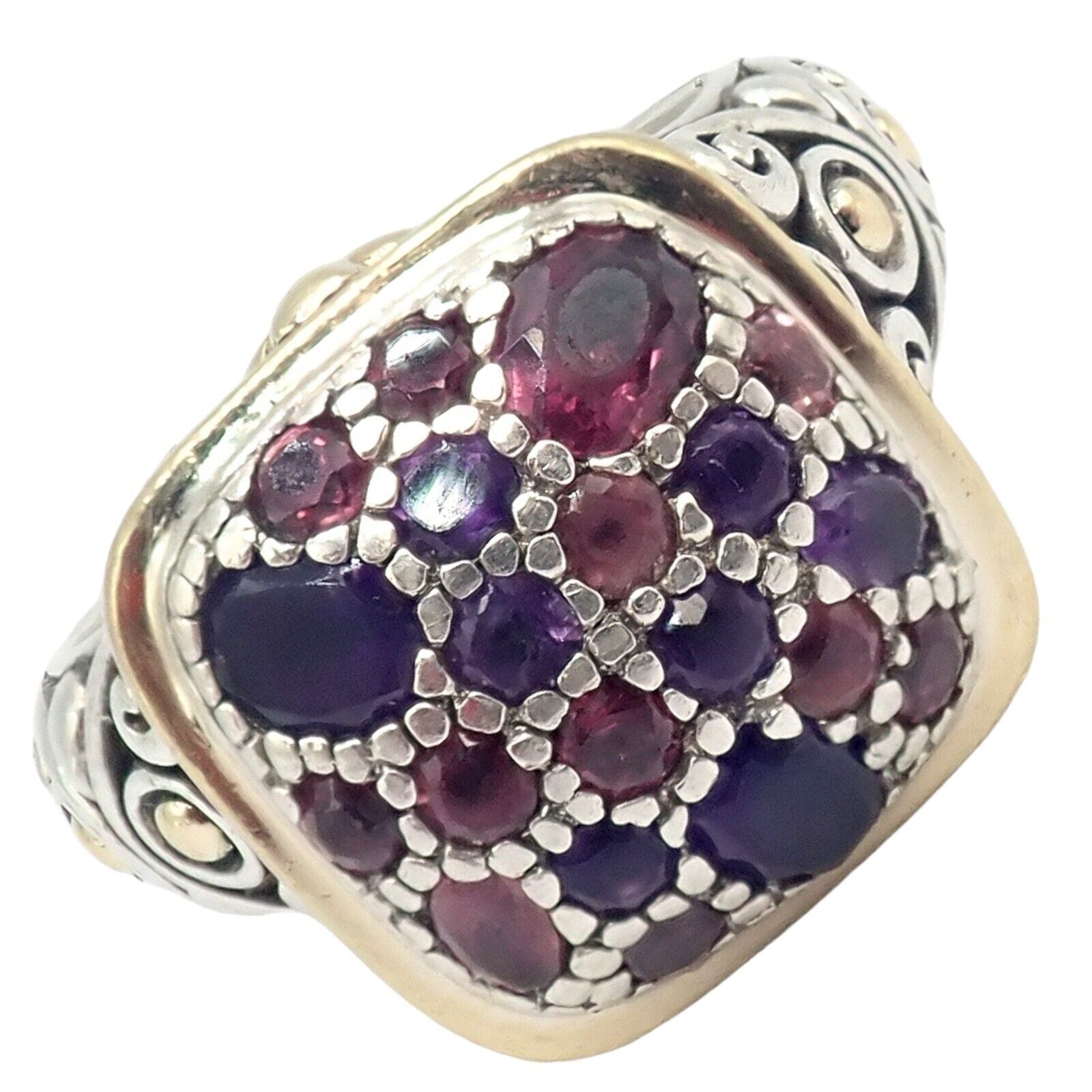 John Hardy JH Silver 18k Yellow Gold Classic Lava Fire Amethyst Tourmaline Ring | Fortrove