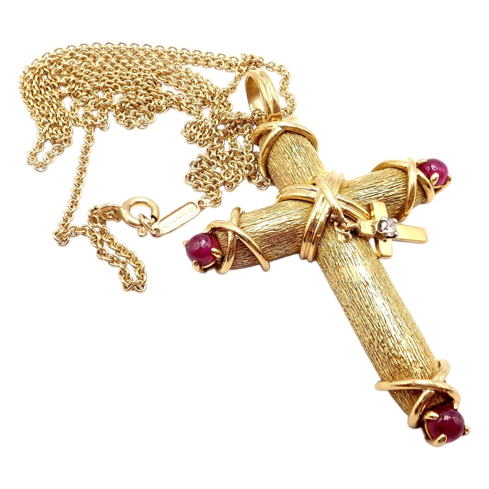 Tiffany & Co Schlumberger 18k Yellow Gold Ruby Diamond Cross 24" Chain Necklace | Fortrove