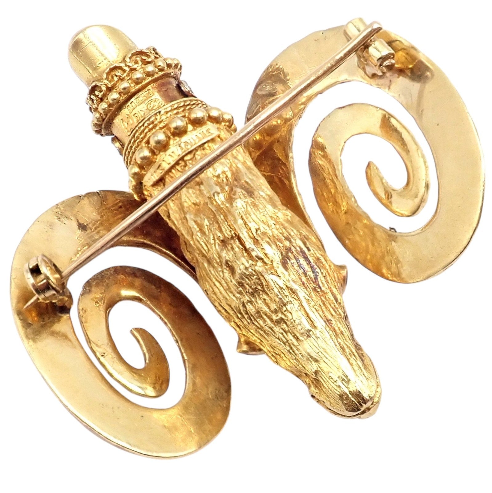 Rare Ilias Lalaounis 18k Yellow Gold Ram Ares Diamond Ruby Sapphire Large Brooch | Fortrove