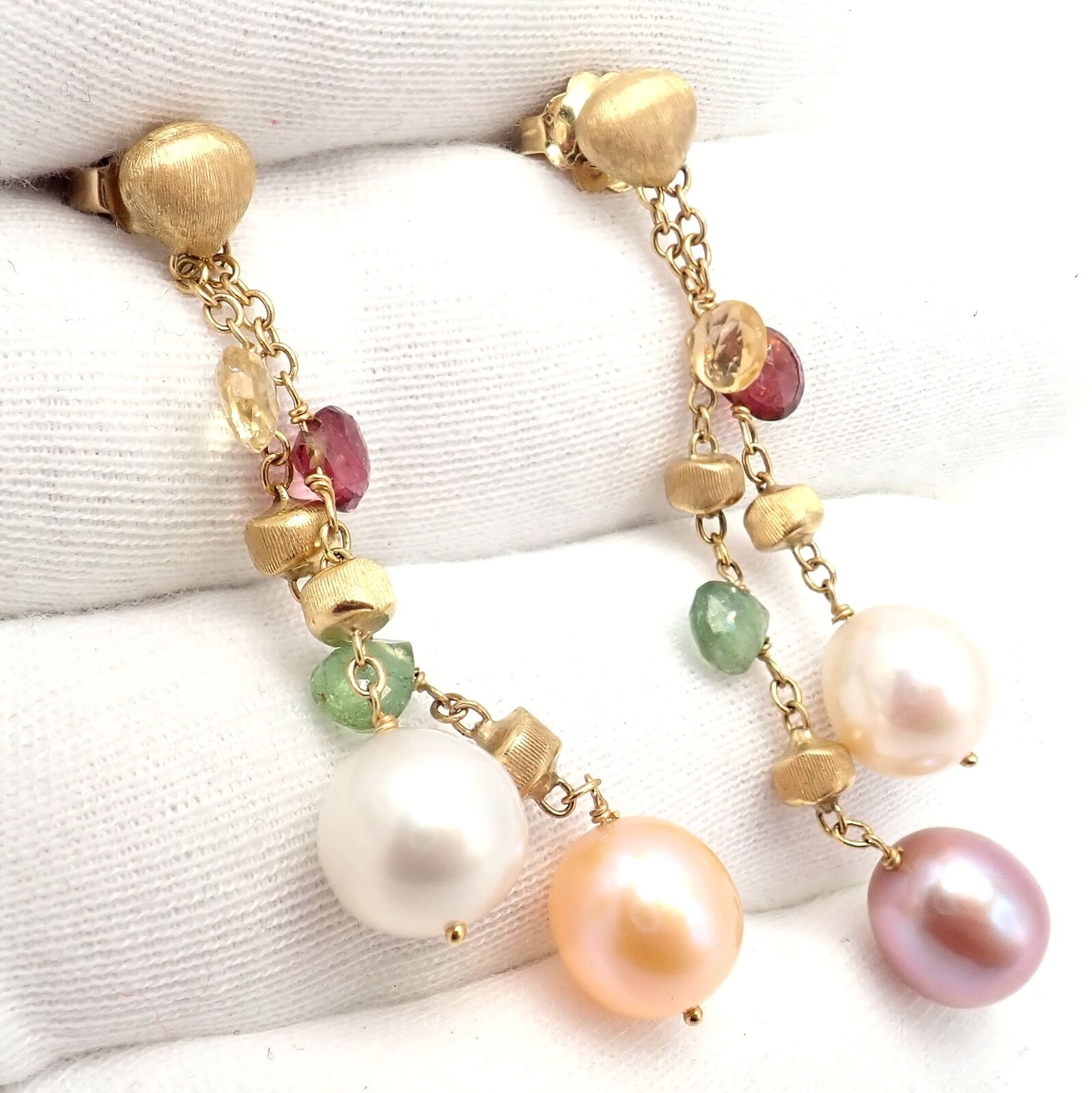 Authentic! Marco Bicego 18k Yellow Gold Paradise Multicolor Gems Pearl Earrings | Fortrove