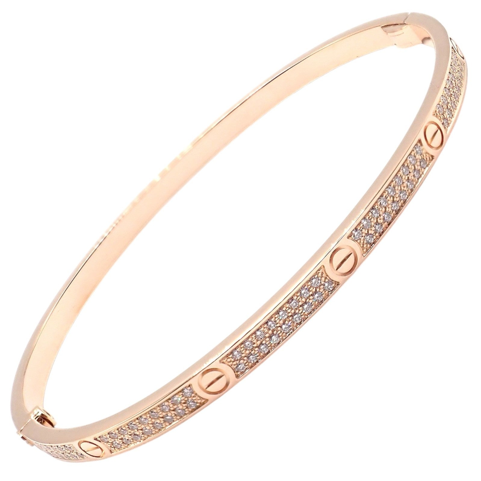 Cartier Love 18k Rose Gold Pave Diamond Thin Bangle Bracelet Sz 19 + Cert | Fortrove