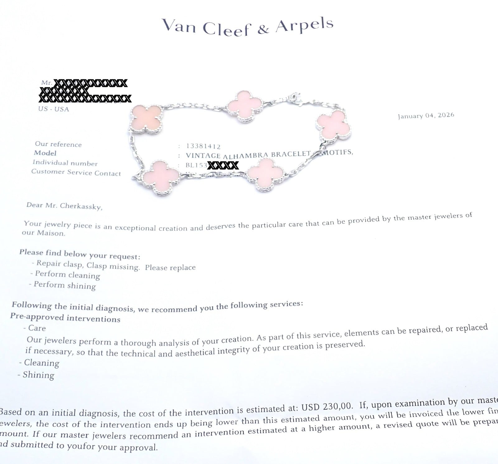 Van Cleef & Arpels Jewelry & Watches:Fine Jewelry:Bracelets & Charms Authentic! Van Cleef & Arpels Alhambra 18k White Gold Pink Opal Bracelet Cer.