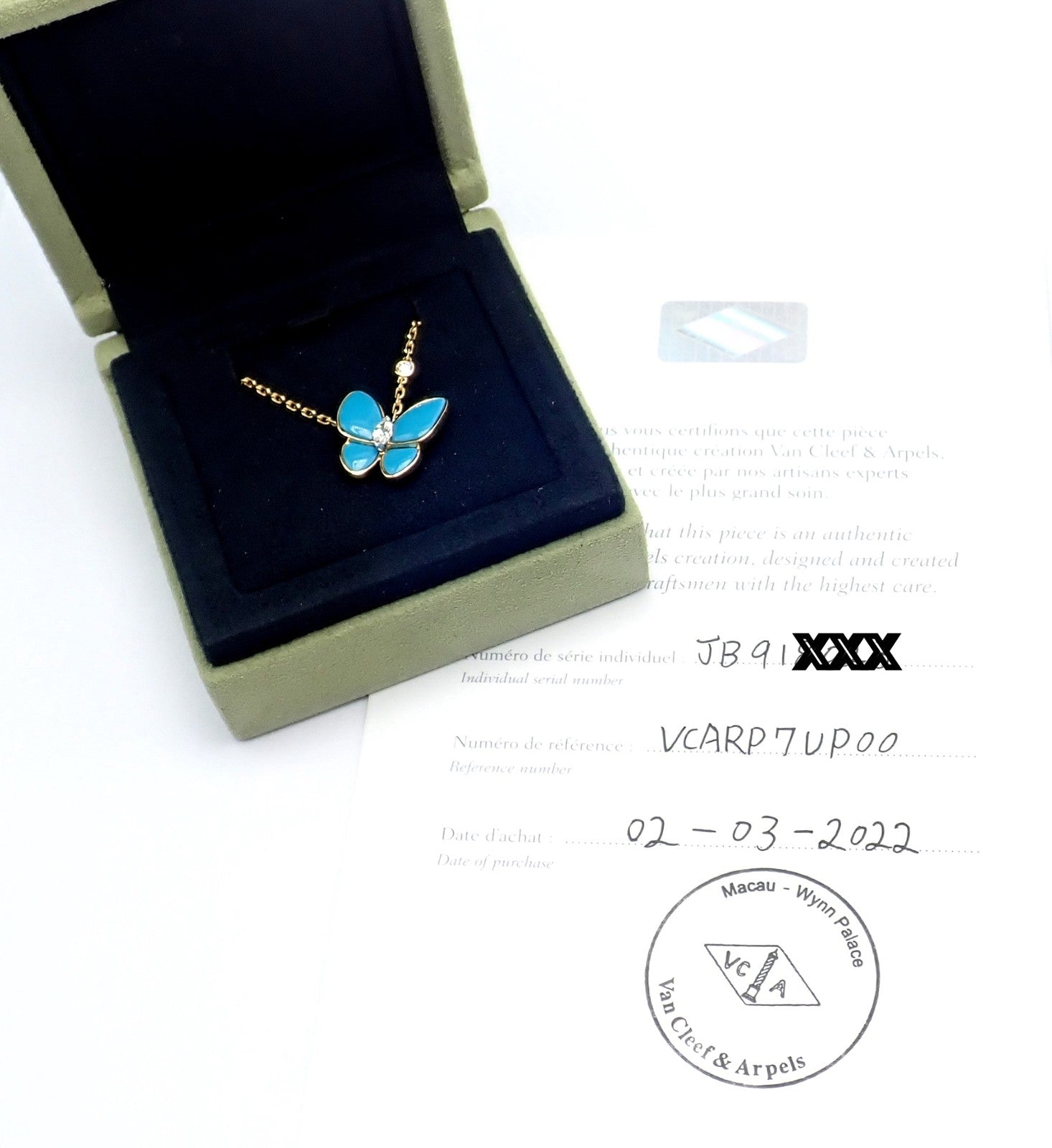 Van Cleef & Arpels 18k Gold Diamond Turquoise Butterfly Pendant Necklace Cert. | Fortrove