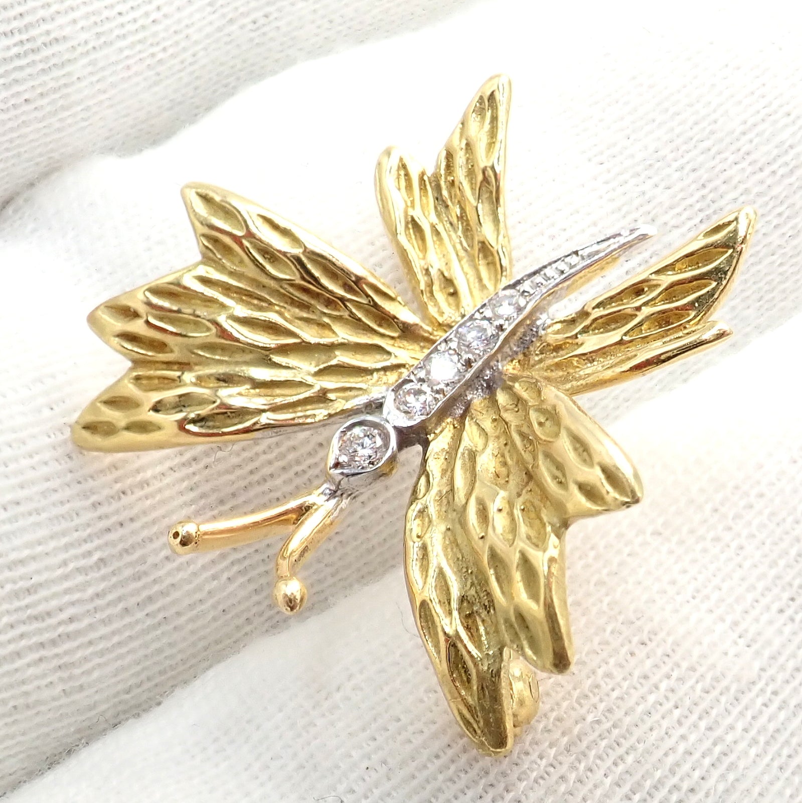 Authentic! Tiffany & Co 18k Yellow Gold Platinum Butterfly Diamond Pin Brooch | Fortrove