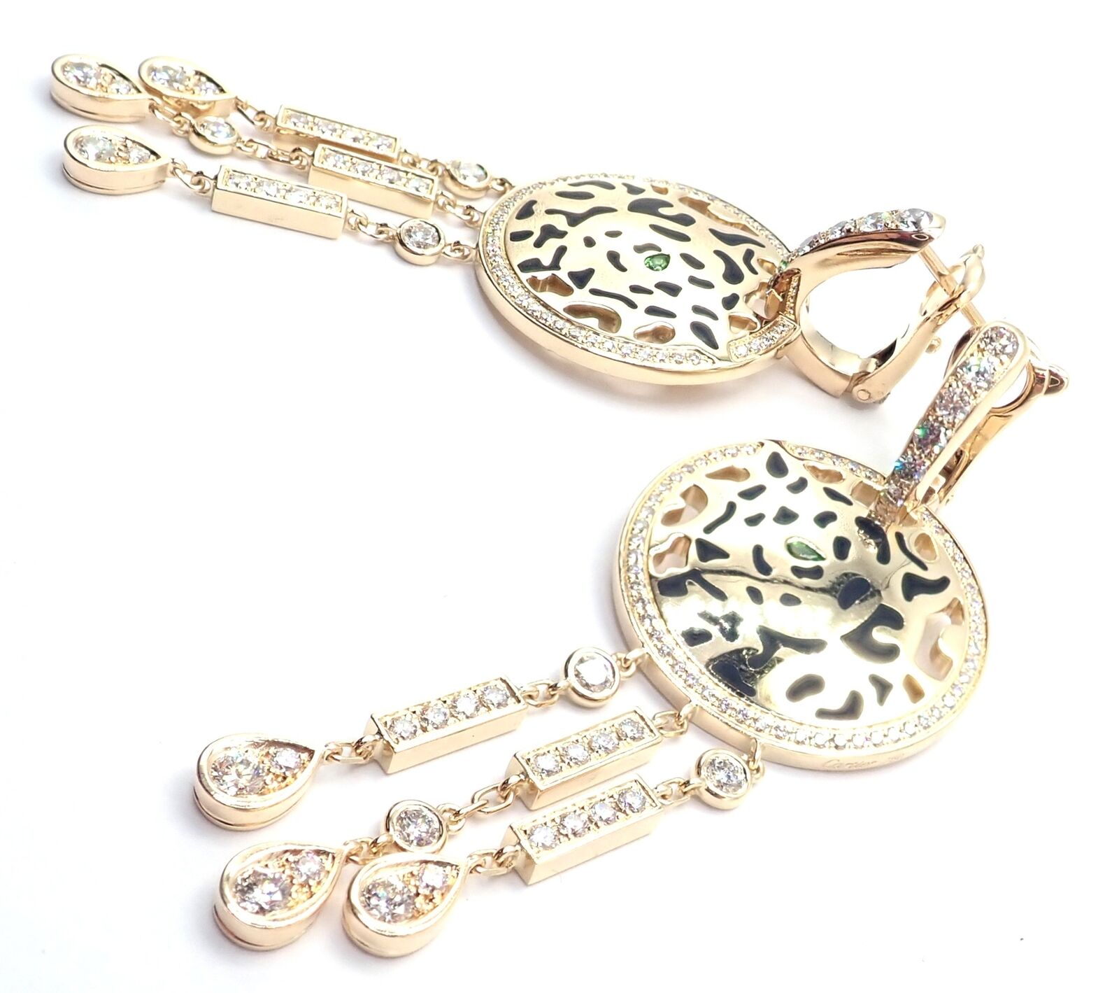 Authentic! Cartier Panther 18k Yellow Gold Diamond Lacquer Tsavorite Earrings | Fortrove