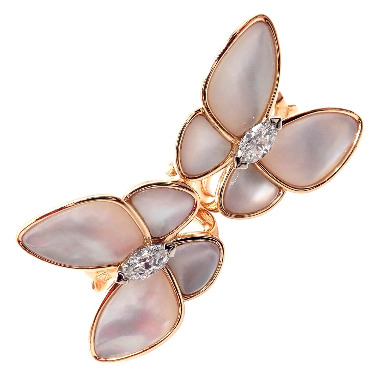 Van Cleef & Arpels 18k Rose Gold Diamond MoP Two Butterfly Earrings Cert | Fortrove