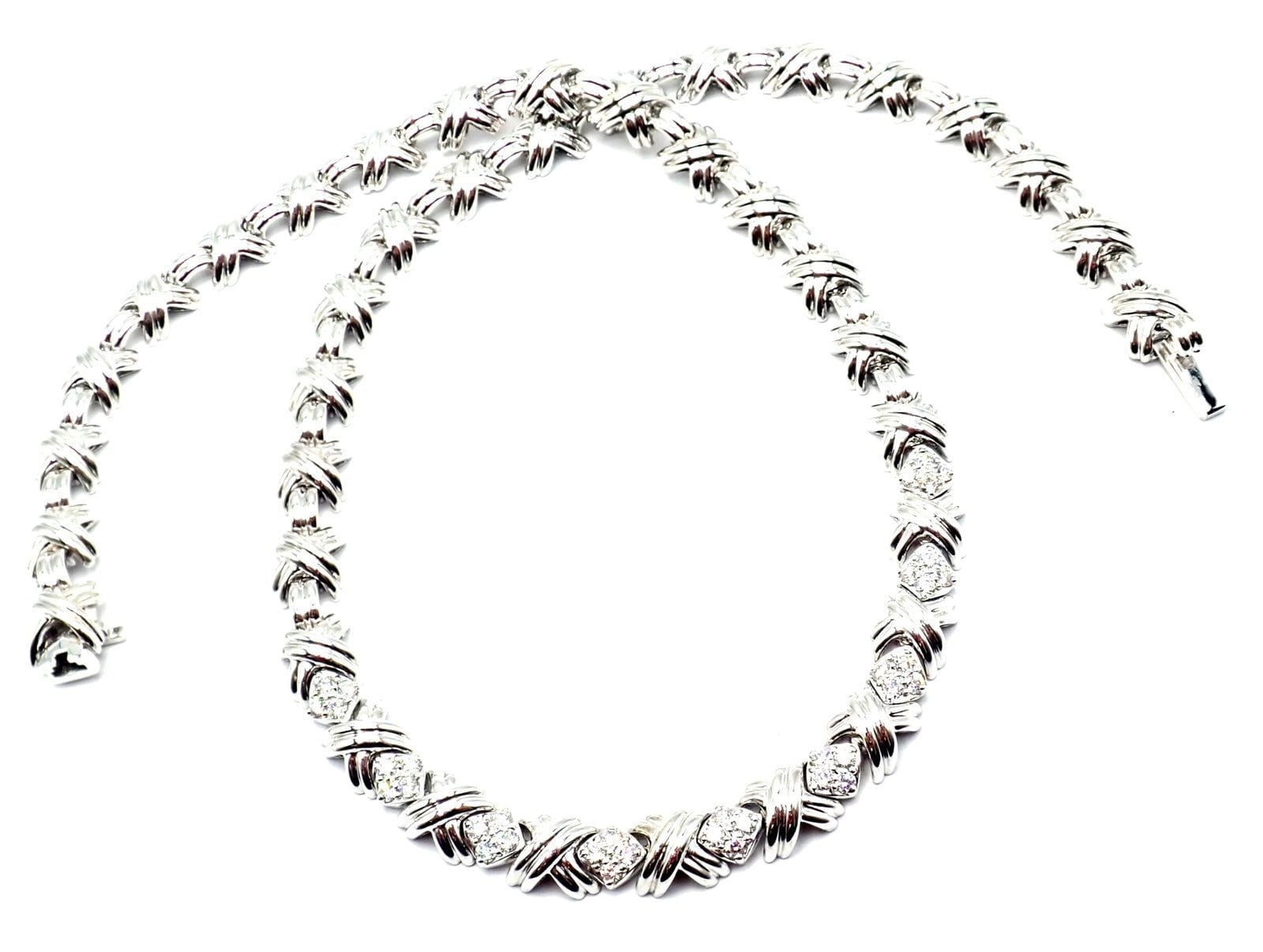 Authentic! Tiffany & Co 18k White Gold Diamond Cluster Signature X Link Necklace | Fortrove