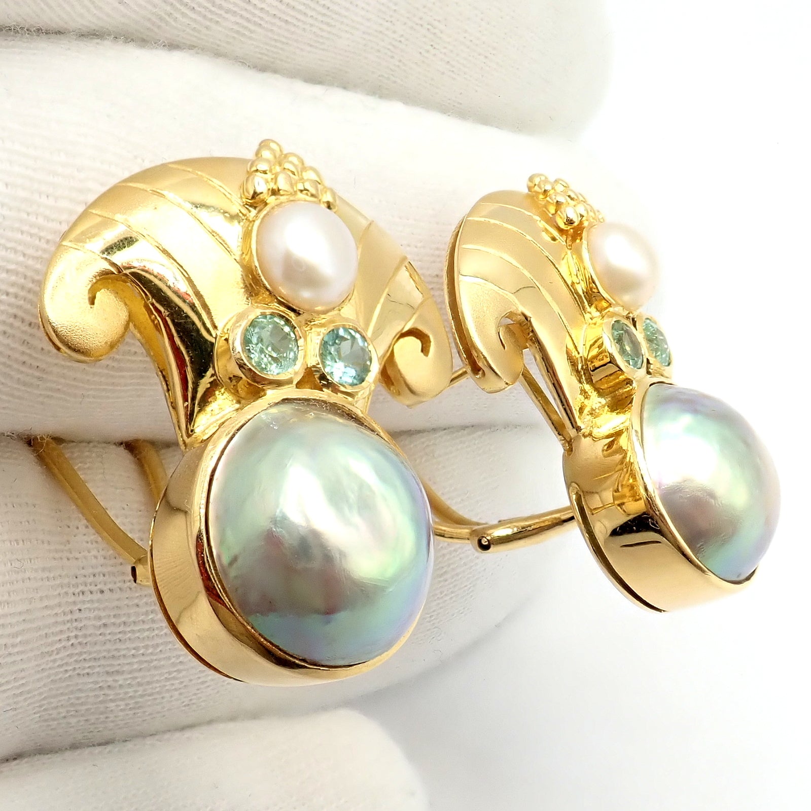 Rare! Vintage Paula Crevoshay 18k Gold Abalone Pearl Blue Gemstone Earrings OOAK | Fortrove