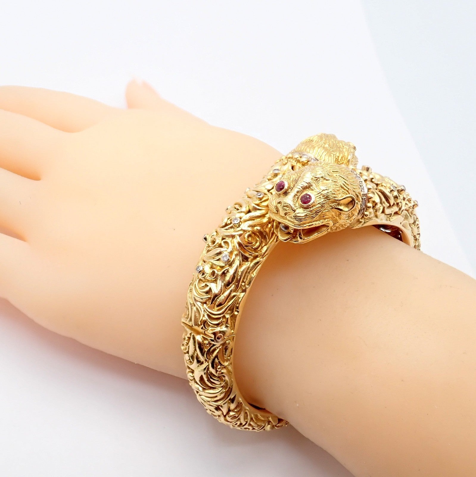 Rare Ilias Lalaounis 18k Yellow Gold Double Chimera Diamond Ruby Bangle Bracelet | Fortrove