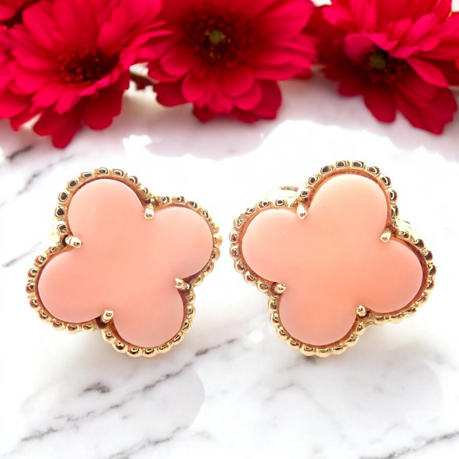 Van Cleef & Arpels Vintage Alhambra 18k Yellow Gold Coral Earrings Paper | Fortrove