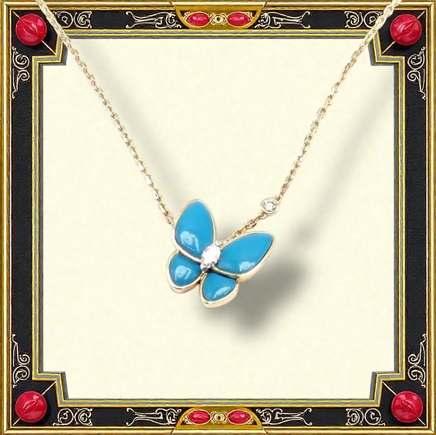 Van Cleef & Arpels 18k Gold Diamond Turquoise Butterfly Pendant Necklace Cert. | Fortrove