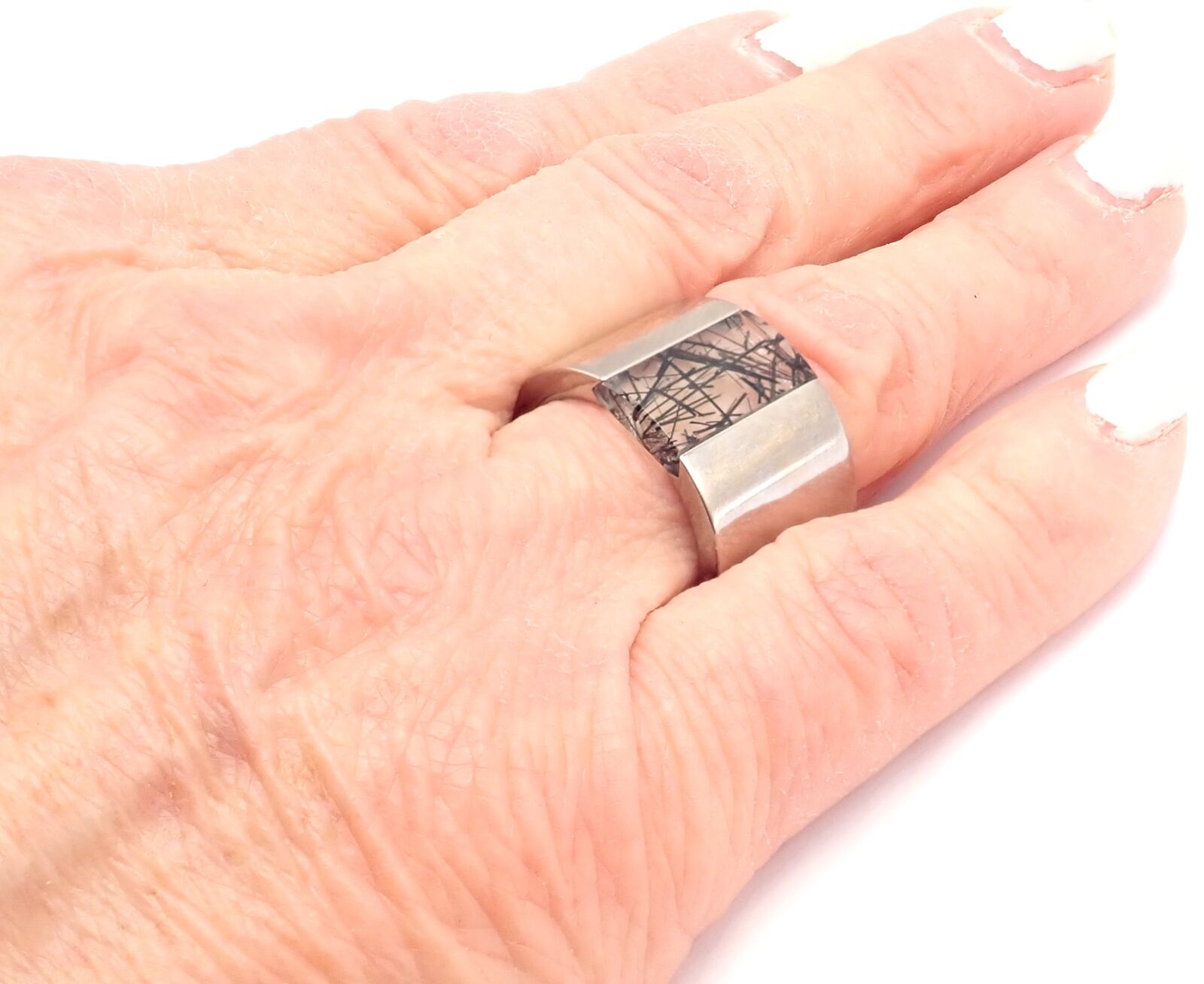 Authentic! Cartier 18k White Gold Rutilated Quartz Wide Band Ring Size 54 | Fortrove