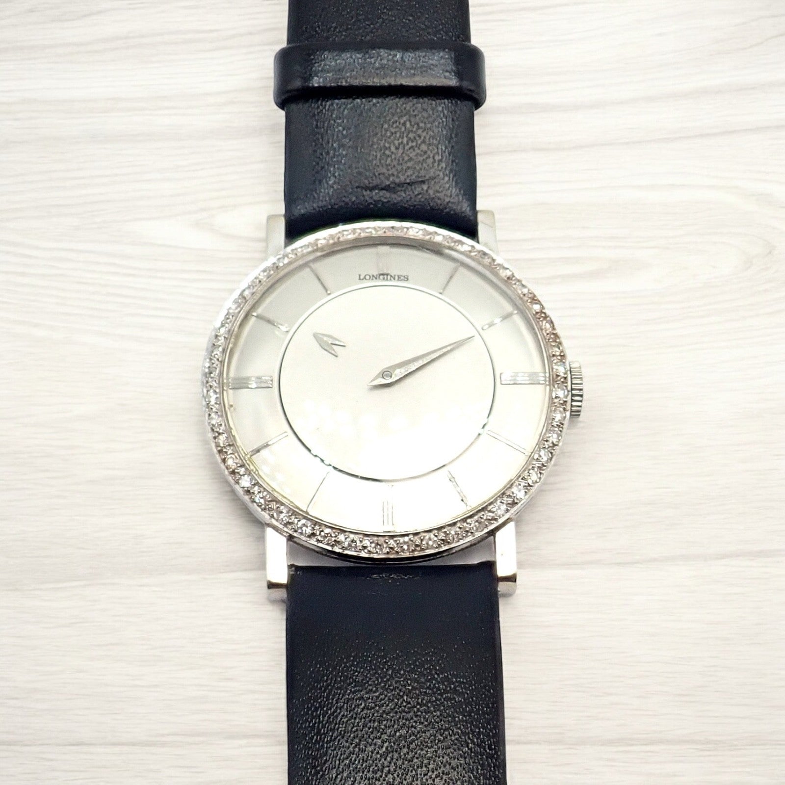Vintage Longines 18k White Gold Diamond Bezel Manual Wind Mystery Dial Watch | Fortrove