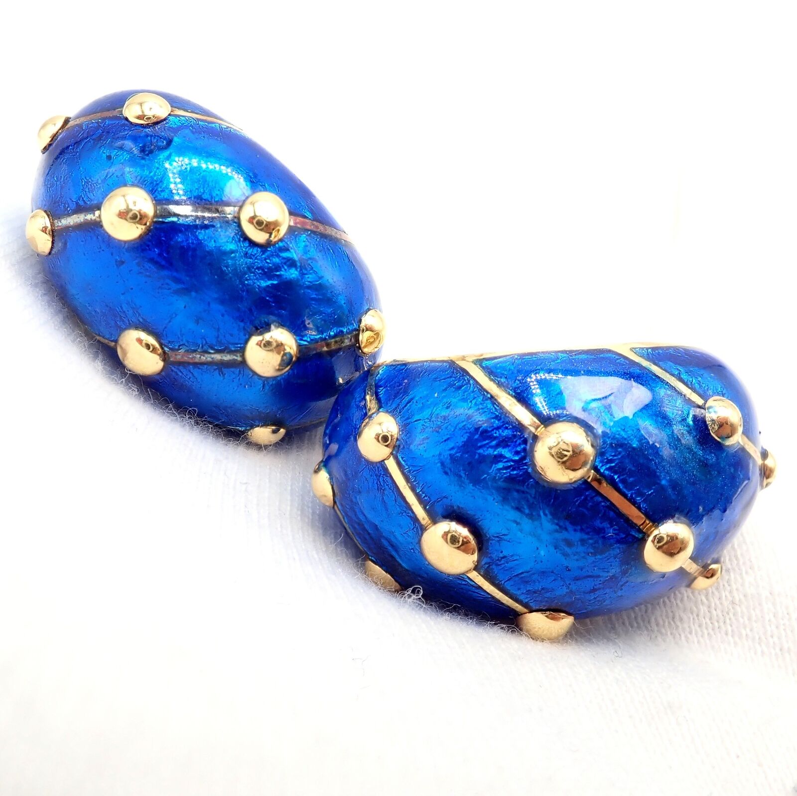 Rare Tiffany & Co Schlumberger 18k Yellow Gold Large Blue Enamel Banana Earrings | Fortrove