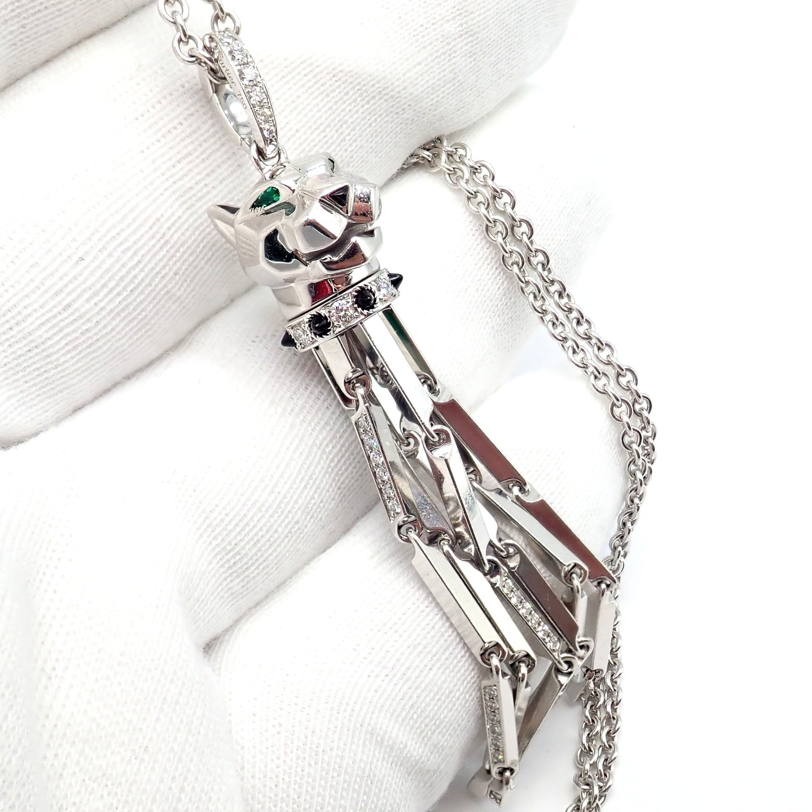 Panthere de Cartier Panther 18k White Gold Diamond Emerald Onyx Pendant Necklace | Fortrove